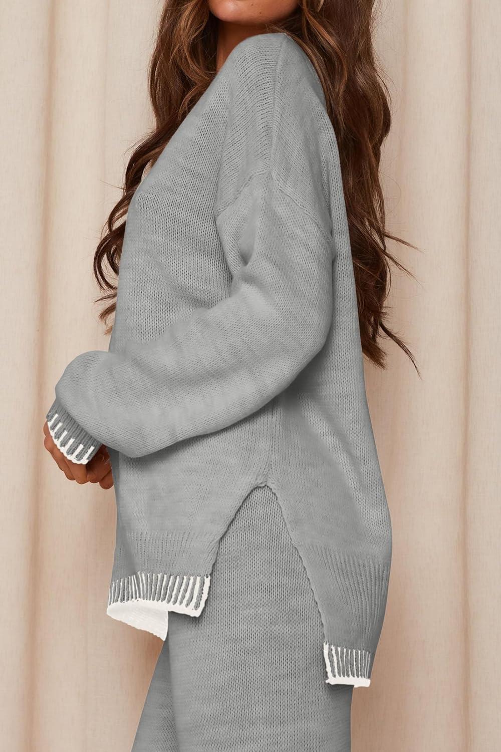 imagePRETTYGARDEN Womens 2 Piece Knit Sweater Outfit Casual Long Sleeve Pullover Wide Leg Pants Tracksuit Loungewear SetLight Grey