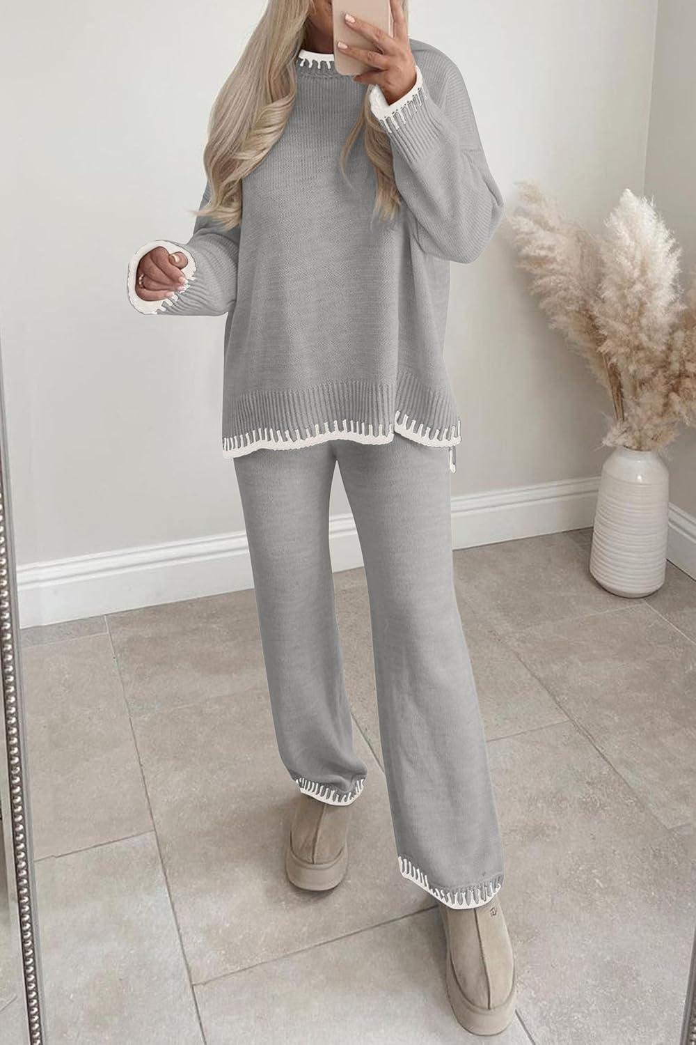 imagePRETTYGARDEN Womens 2 Piece Knit Sweater Outfit Casual Long Sleeve Pullover Wide Leg Pants Tracksuit Loungewear SetLight Grey