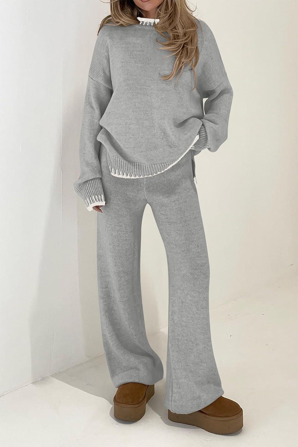 imagePRETTYGARDEN Womens 2 Piece Knit Sweater Outfit Casual Long Sleeve Pullover Wide Leg Pants Tracksuit Loungewear SetLight Grey