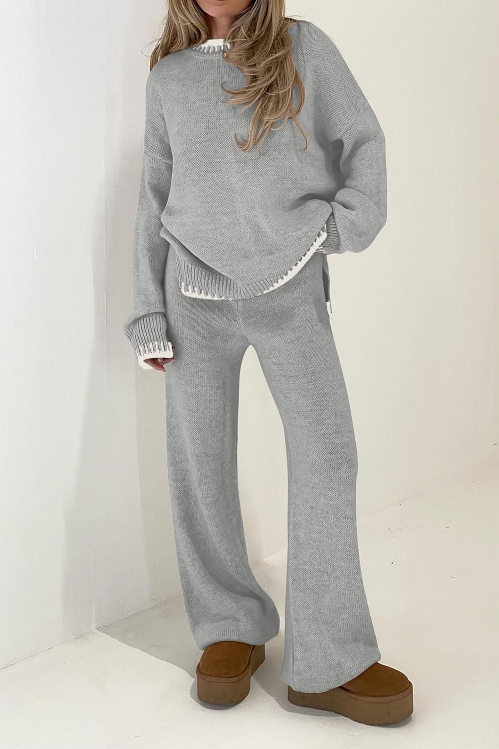 imagePRETTYGARDEN Womens 2 Piece Knit Sweater Outfit Casual Long Sleeve Pullover Wide Leg Pants Tracksuit Loungewear SetLight Grey
