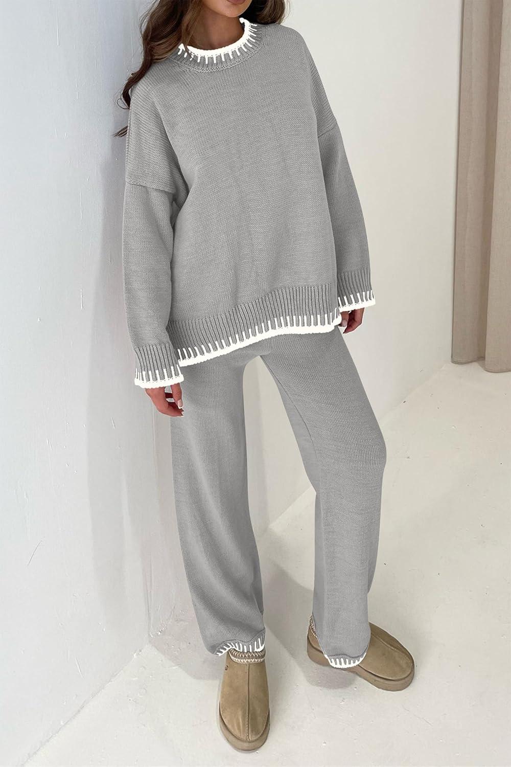 imagePRETTYGARDEN Womens 2 Piece Knit Sweater Outfit Casual Long Sleeve Pullover Wide Leg Pants Tracksuit Loungewear SetLight Grey