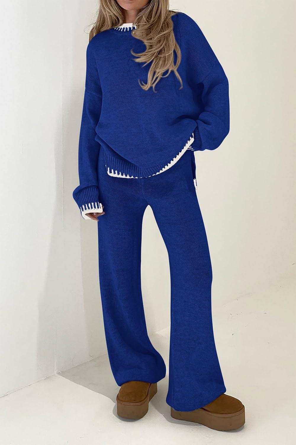 imagePRETTYGARDEN Womens 2 Piece Knit Sweater Outfit Casual Long Sleeve Pullover Wide Leg Pants Tracksuit Loungewear SetRoyal Blue