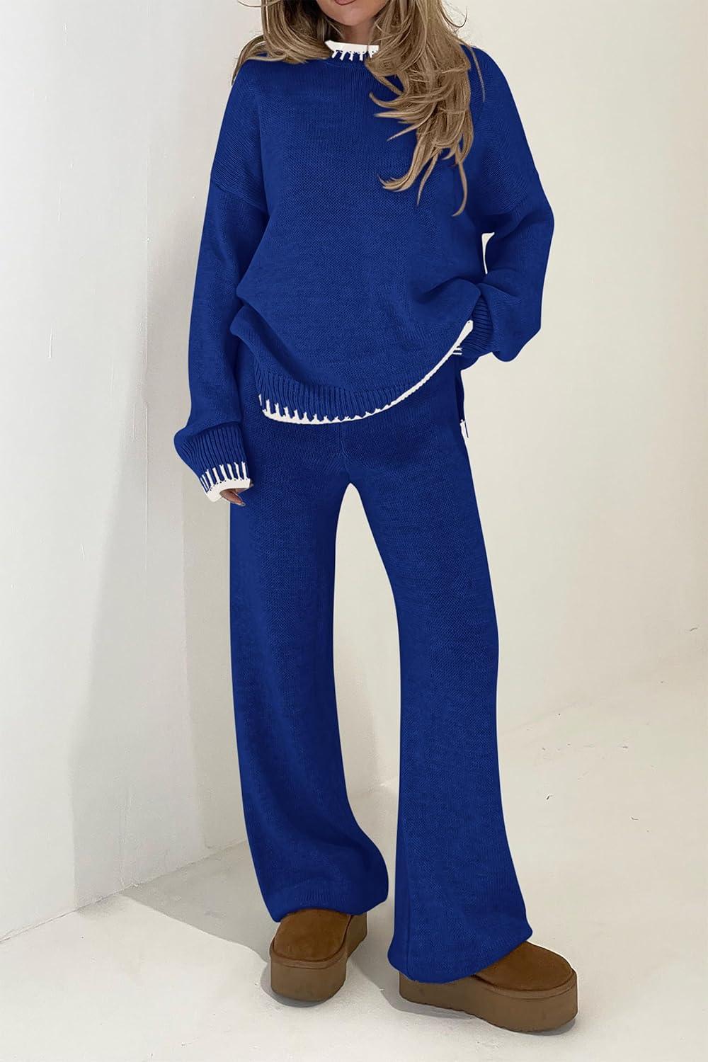 imagePRETTYGARDEN Womens 2 Piece Knit Sweater Outfit Casual Long Sleeve Pullover Wide Leg Pants Tracksuit Loungewear SetRoyal Blue