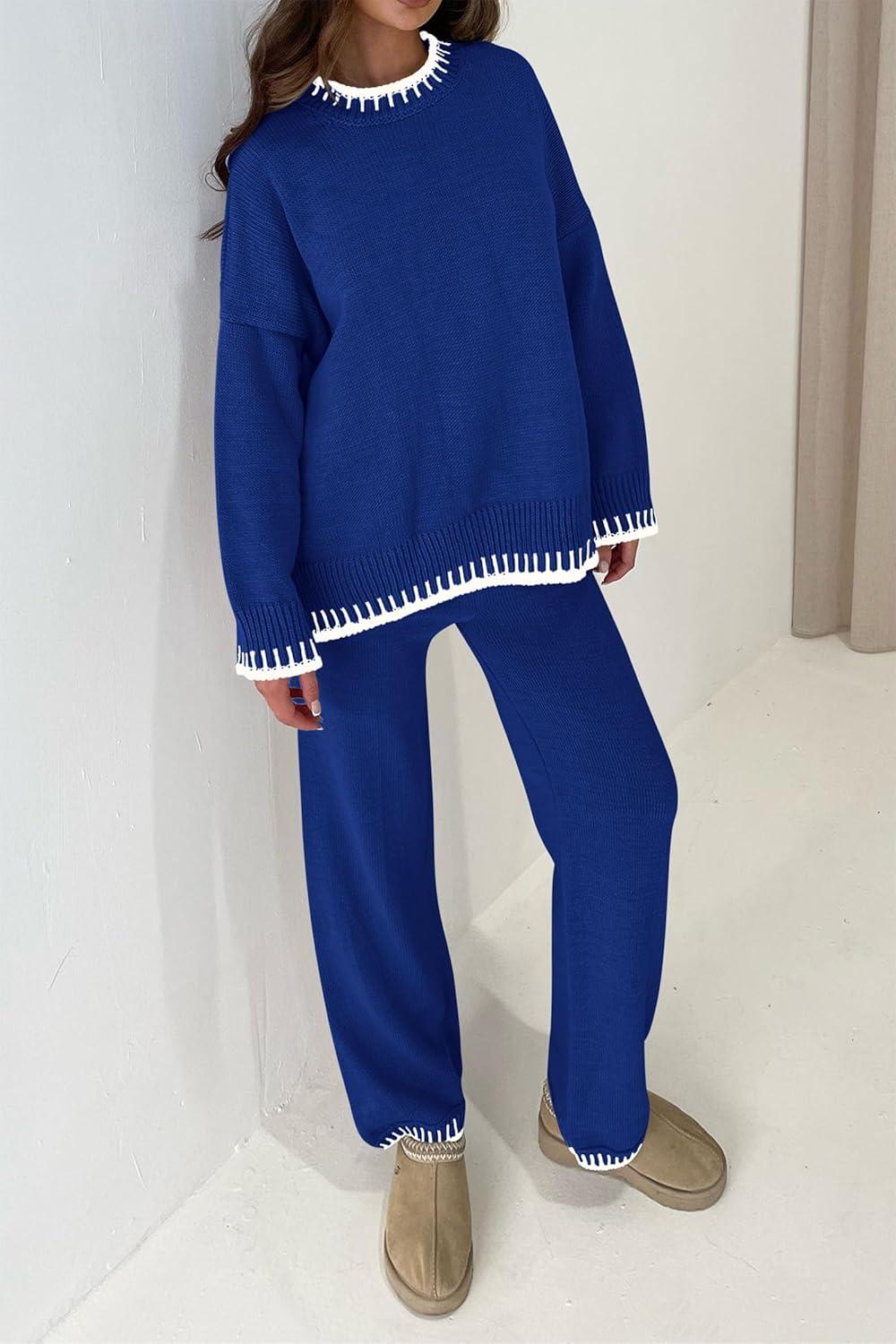 imagePRETTYGARDEN Womens 2 Piece Knit Sweater Outfit Casual Long Sleeve Pullover Wide Leg Pants Tracksuit Loungewear SetRoyal Blue