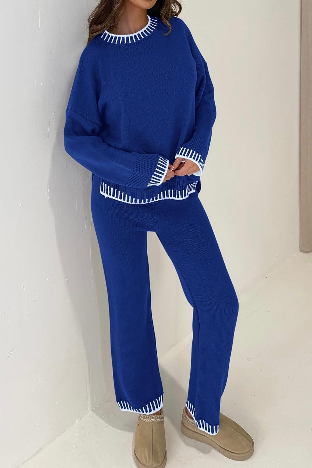 imagePRETTYGARDEN Womens 2 Piece Knit Sweater Outfit Casual Long Sleeve Pullover Wide Leg Pants Tracksuit Loungewear SetRoyal Blue
