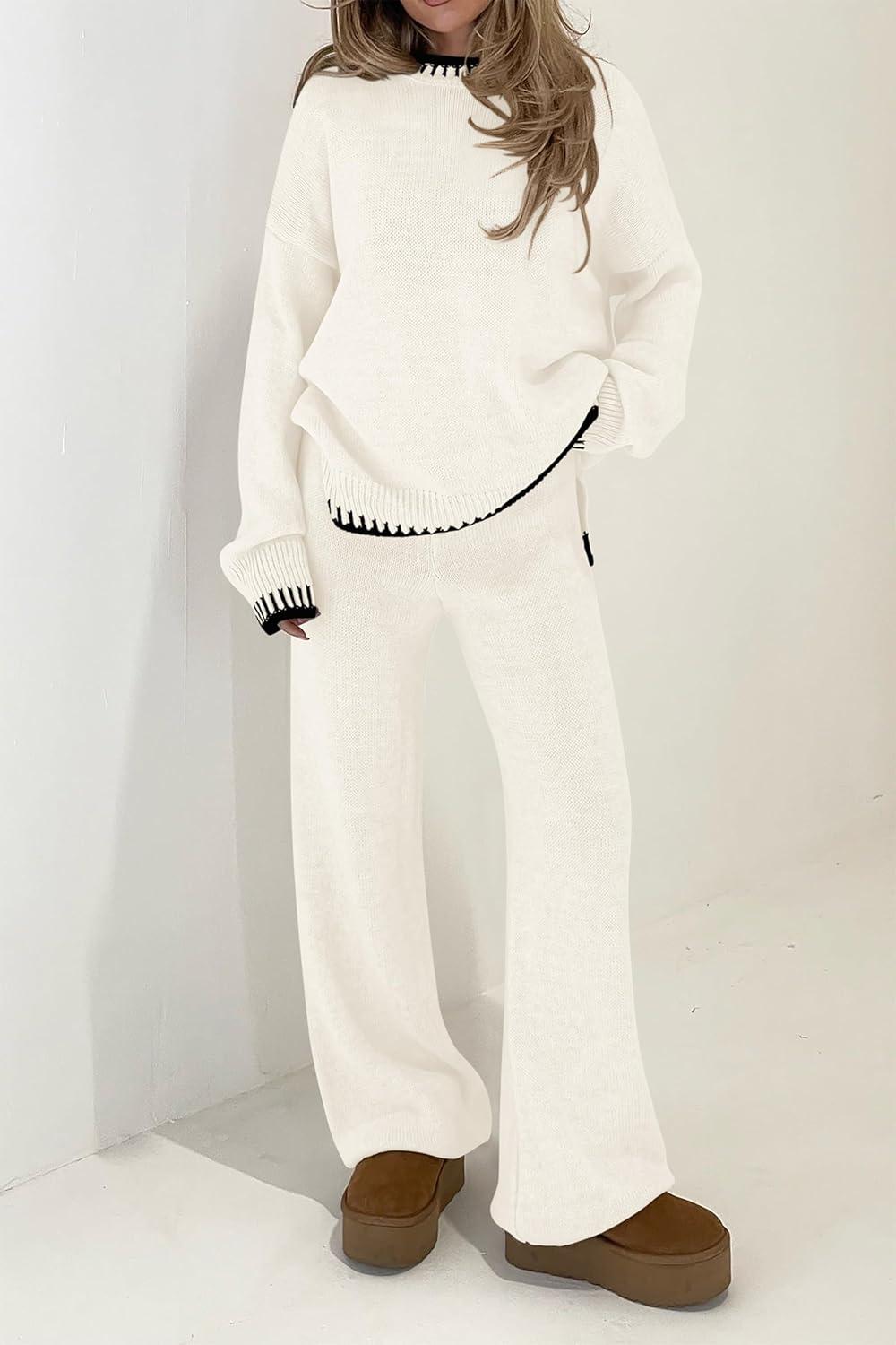 imagePRETTYGARDEN Womens 2 Piece Knit Sweater Outfit Casual Long Sleeve Pullover Wide Leg Pants Tracksuit Loungewear SetWhite