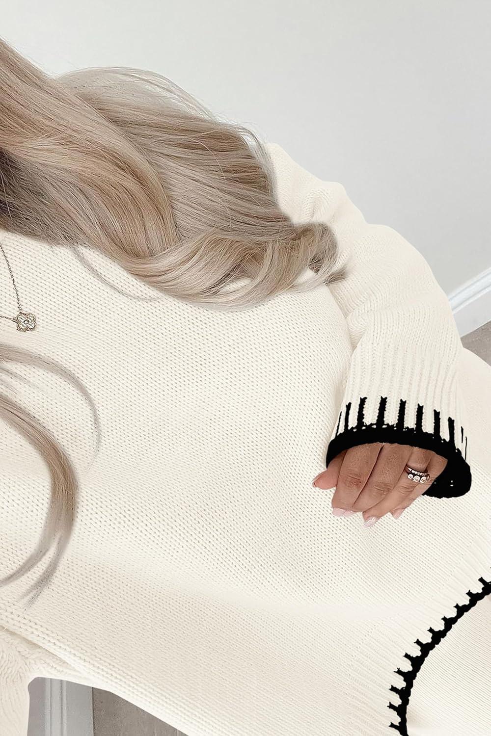 imagePRETTYGARDEN Womens 2 Piece Knit Sweater Outfit Casual Long Sleeve Pullover Wide Leg Pants Tracksuit Loungewear SetWhite