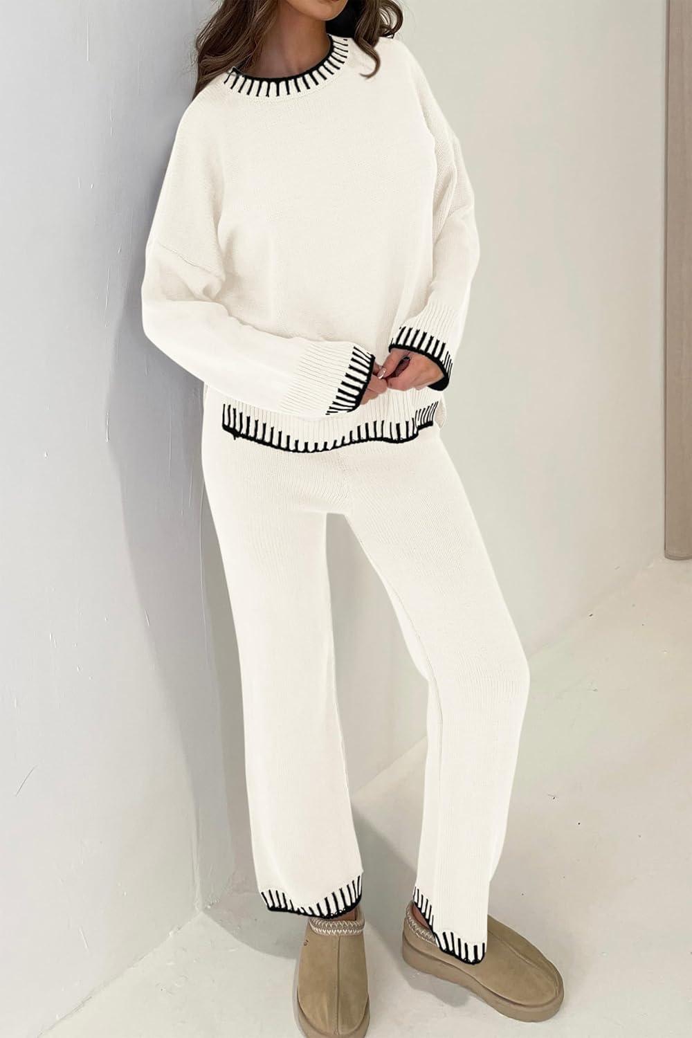 imagePRETTYGARDEN Womens 2 Piece Knit Sweater Outfit Casual Long Sleeve Pullover Wide Leg Pants Tracksuit Loungewear SetWhite