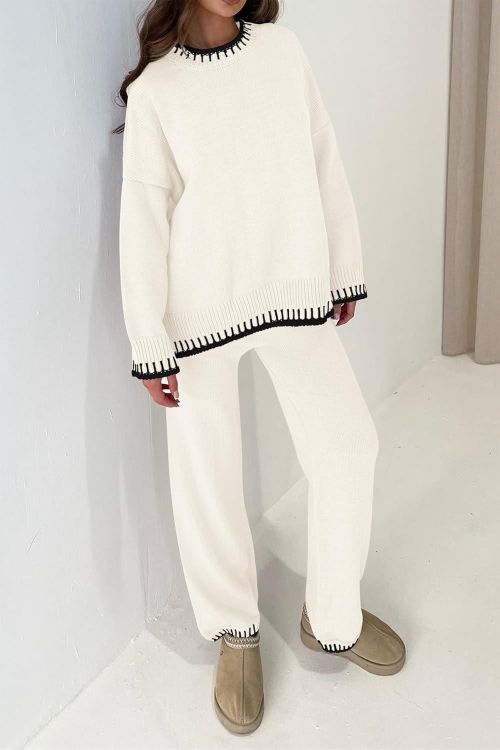 imagePRETTYGARDEN Womens 2 Piece Knit Sweater Outfit Casual Long Sleeve Pullover Wide Leg Pants Tracksuit Loungewear SetWhite