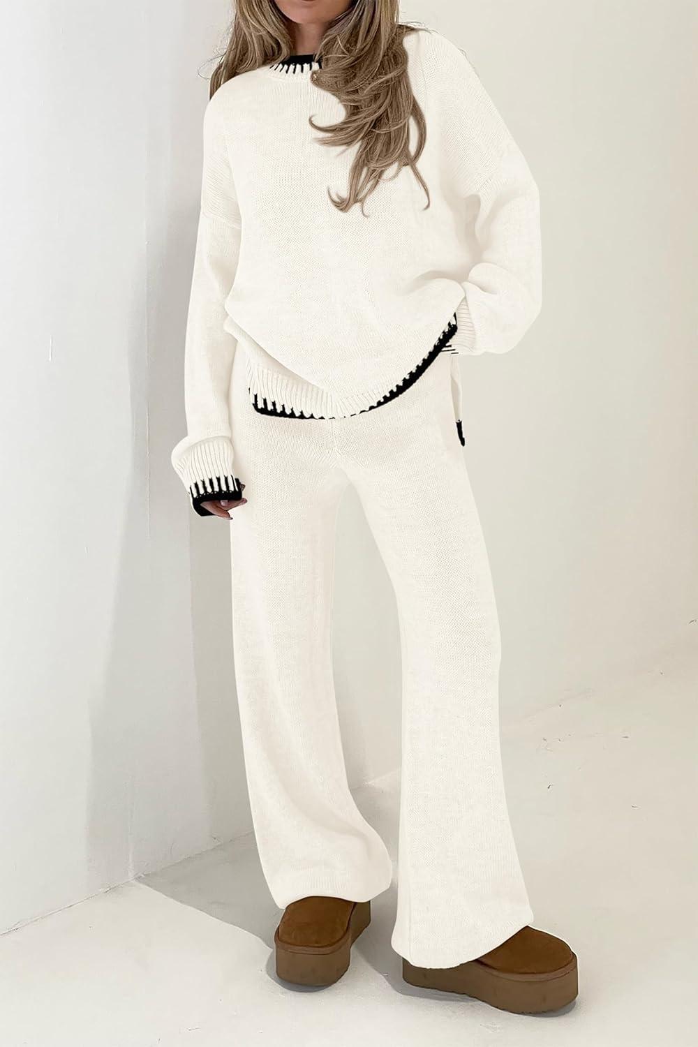 imagePRETTYGARDEN Womens 2 Piece Knit Sweater Outfit Casual Long Sleeve Pullover Wide Leg Pants Tracksuit Loungewear SetWhite