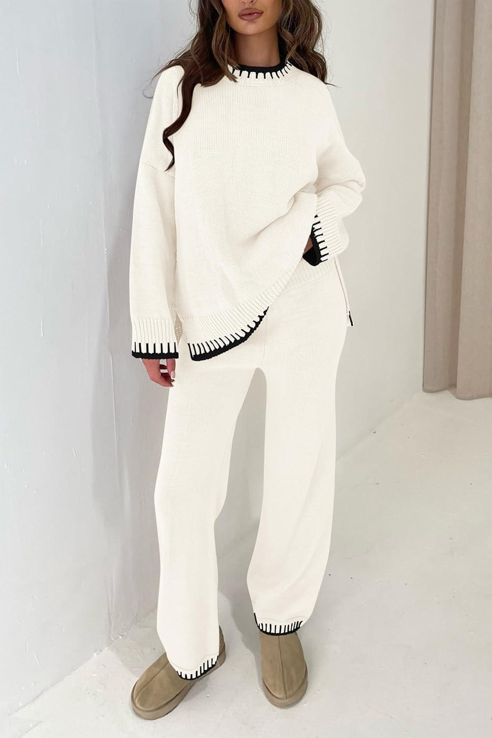 imagePRETTYGARDEN Womens 2 Piece Knit Sweater Outfit Casual Long Sleeve Pullover Wide Leg Pants Tracksuit Loungewear SetWhite