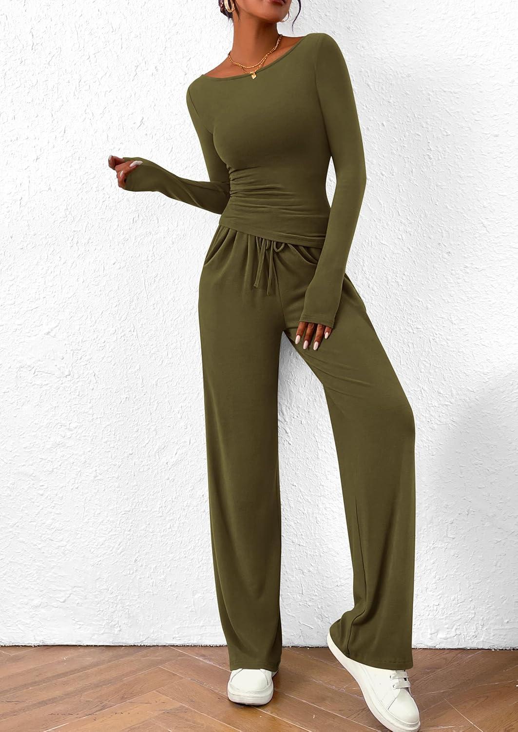 imagePRETTYGARDEN Womens 2 Piece Lounge Sets Asymmetrical Long Sleeve T Shirt Wide Leg Pants Casual Outfits TracksuitArmy Green