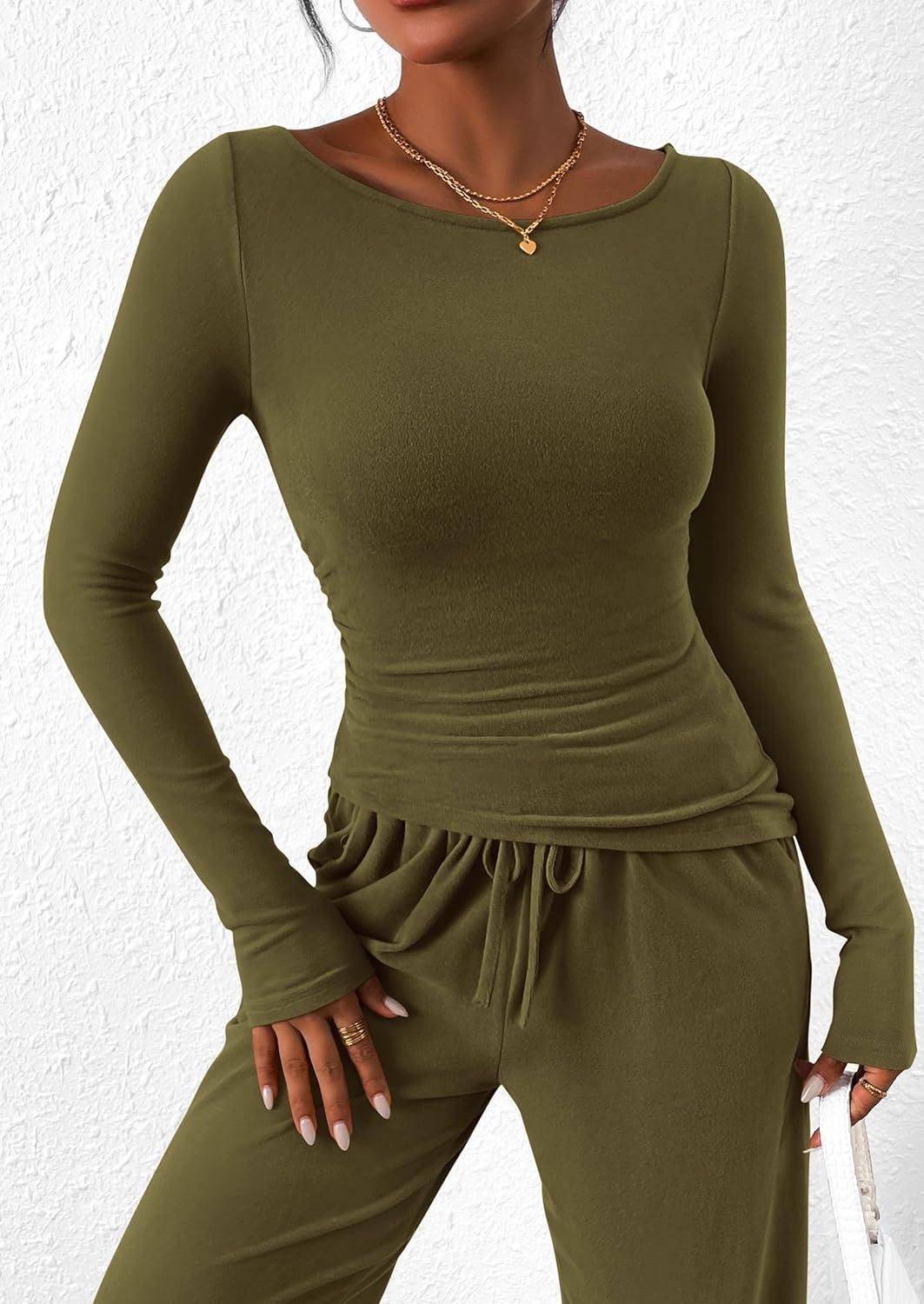 imagePRETTYGARDEN Womens 2 Piece Lounge Sets Asymmetrical Long Sleeve T Shirt Wide Leg Pants Casual Outfits TracksuitArmy Green
