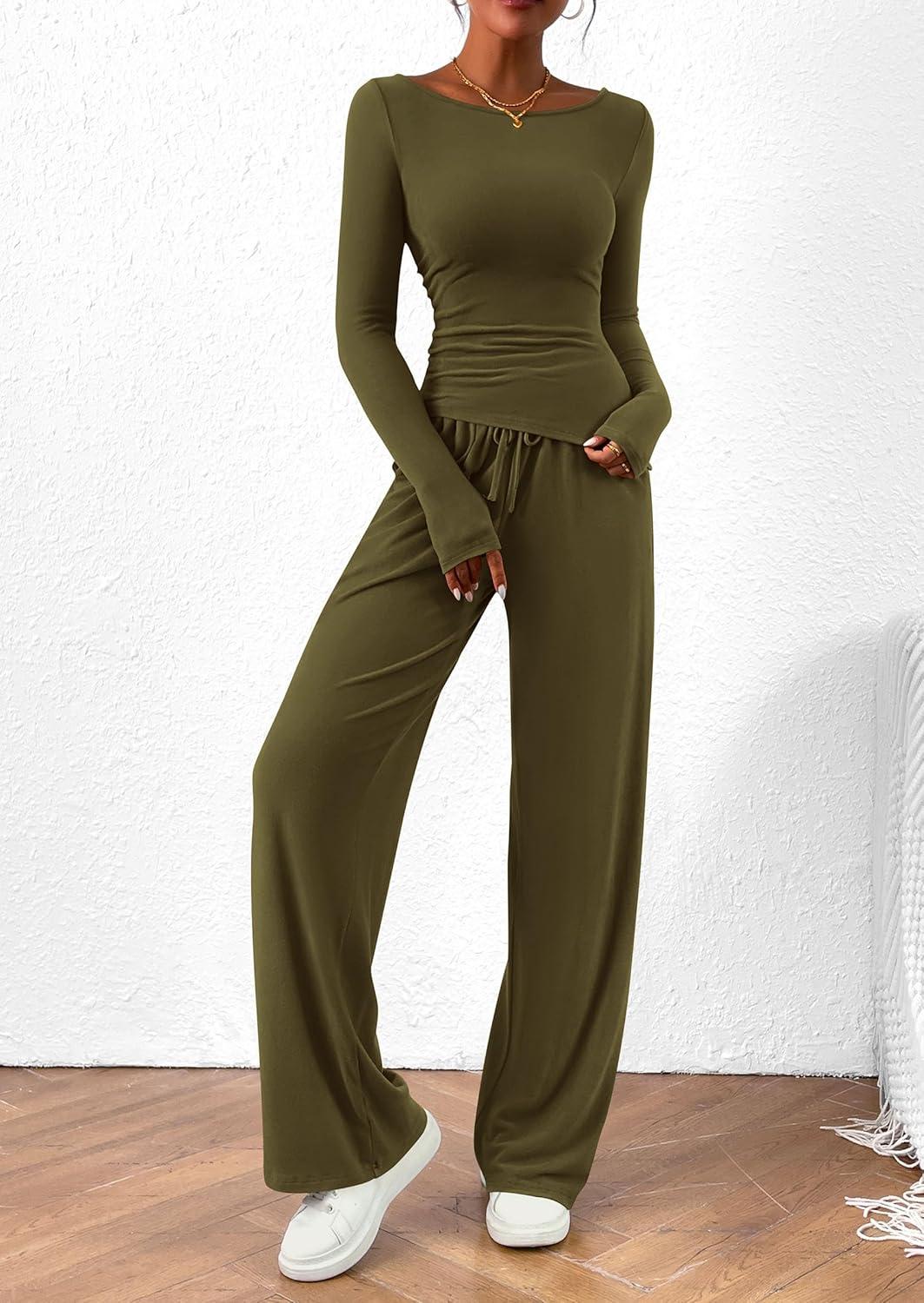 imagePRETTYGARDEN Womens 2 Piece Lounge Sets Asymmetrical Long Sleeve T Shirt Wide Leg Pants Casual Outfits TracksuitArmy Green