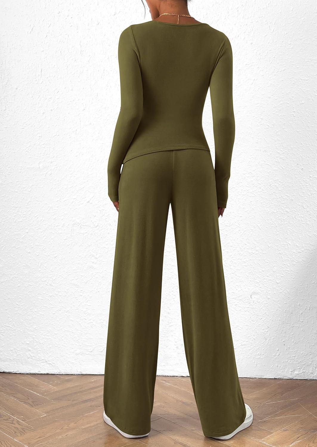 imagePRETTYGARDEN Womens 2 Piece Lounge Sets Asymmetrical Long Sleeve T Shirt Wide Leg Pants Casual Outfits TracksuitArmy Green