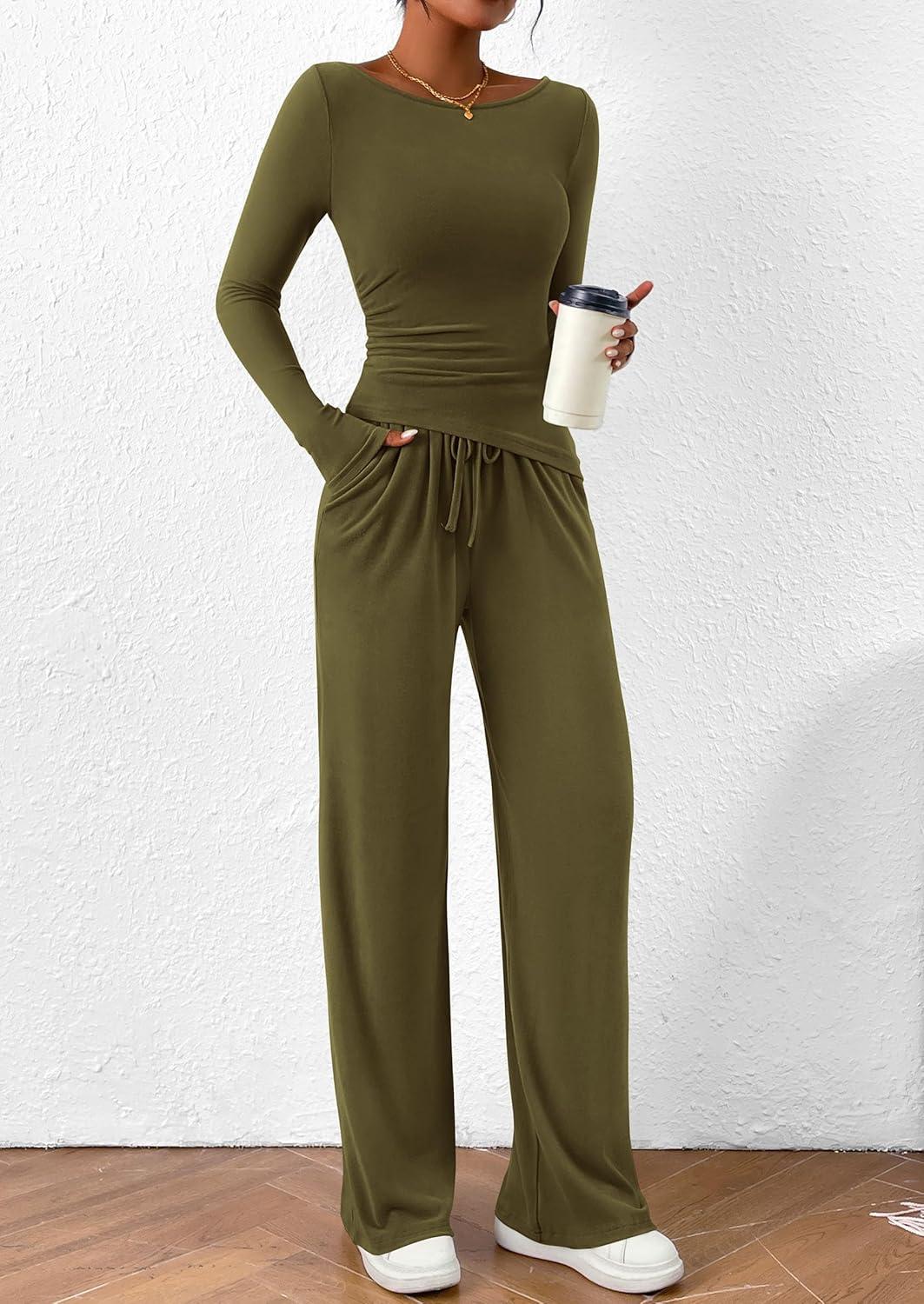 imagePRETTYGARDEN Womens 2 Piece Lounge Sets Asymmetrical Long Sleeve T Shirt Wide Leg Pants Casual Outfits TracksuitArmy Green