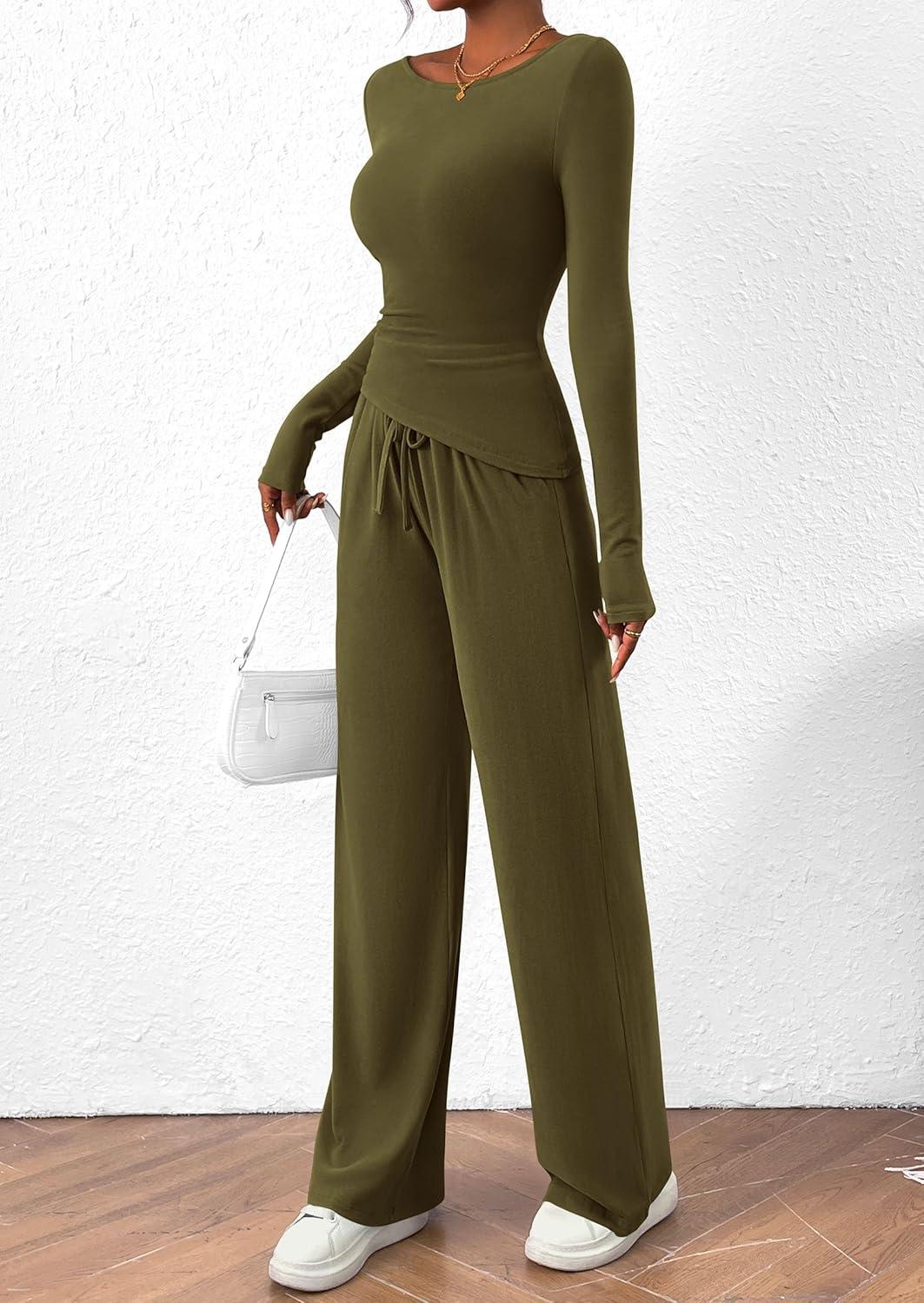imagePRETTYGARDEN Womens 2 Piece Lounge Sets Asymmetrical Long Sleeve T Shirt Wide Leg Pants Casual Outfits TracksuitArmy Green