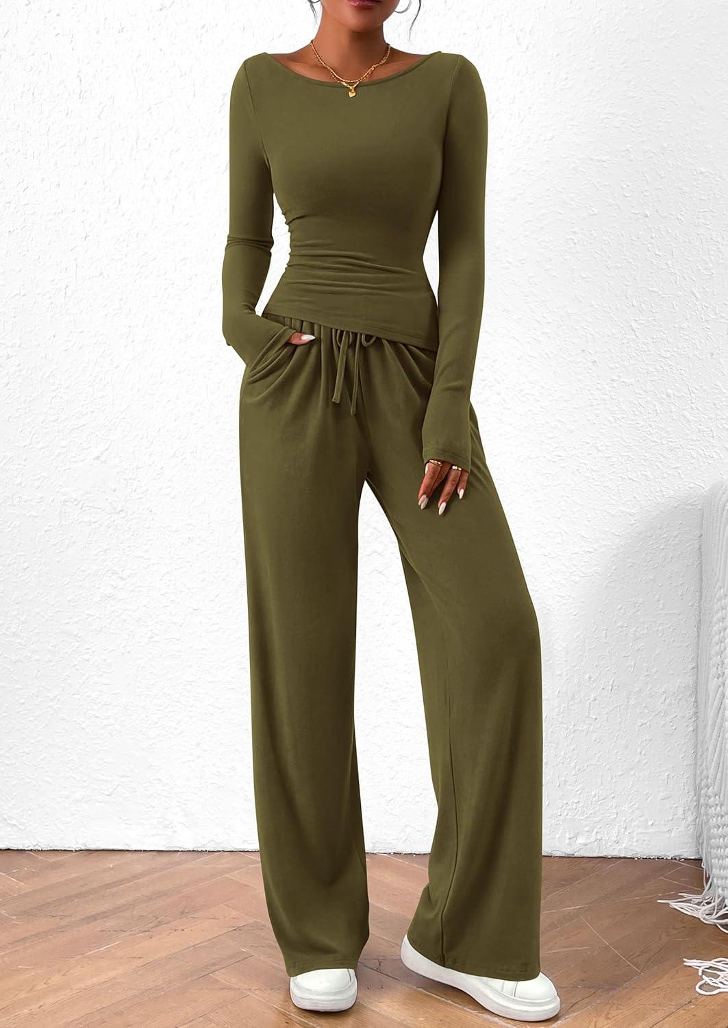 imagePRETTYGARDEN Womens 2 Piece Lounge Sets Asymmetrical Long Sleeve T Shirt Wide Leg Pants Casual Outfits TracksuitArmy Green