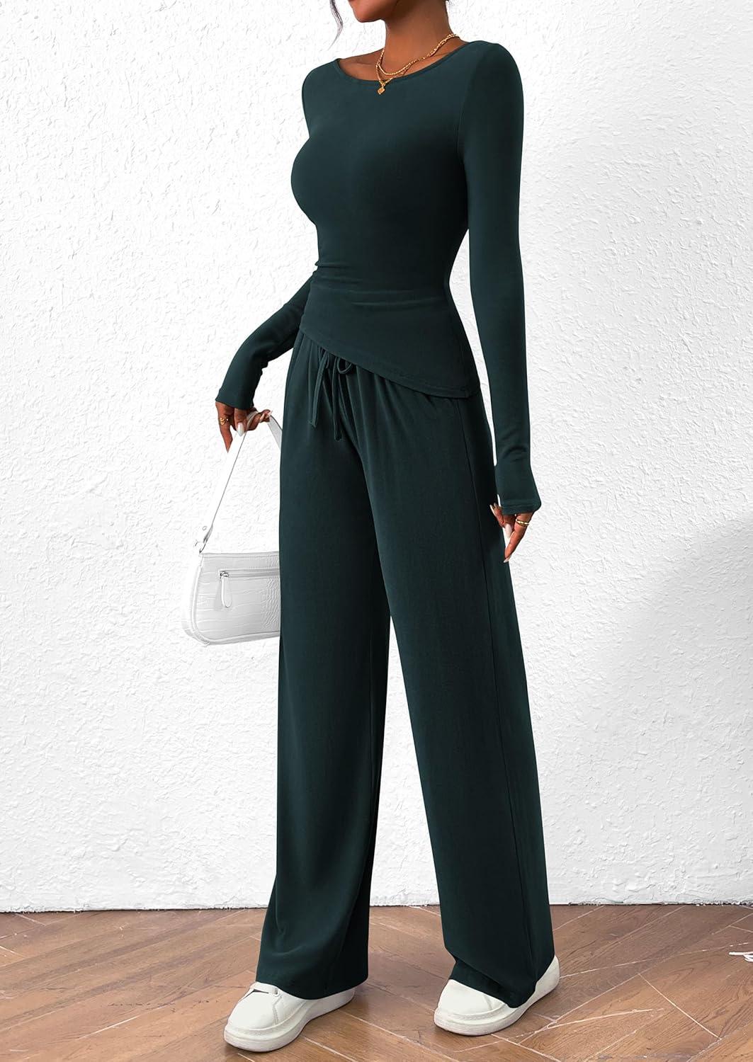 imagePRETTYGARDEN Womens 2 Piece Lounge Sets Asymmetrical Long Sleeve T Shirt Wide Leg Pants Casual Outfits TracksuitDark Blue