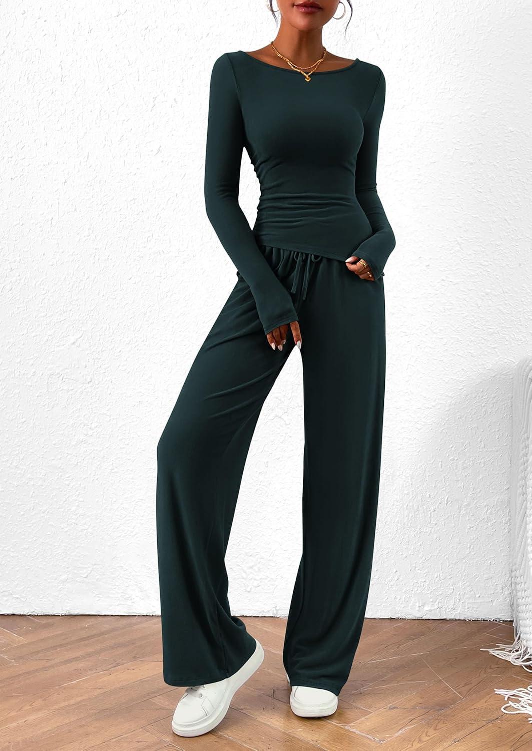 imagePRETTYGARDEN Womens 2 Piece Lounge Sets Asymmetrical Long Sleeve T Shirt Wide Leg Pants Casual Outfits TracksuitDark Blue