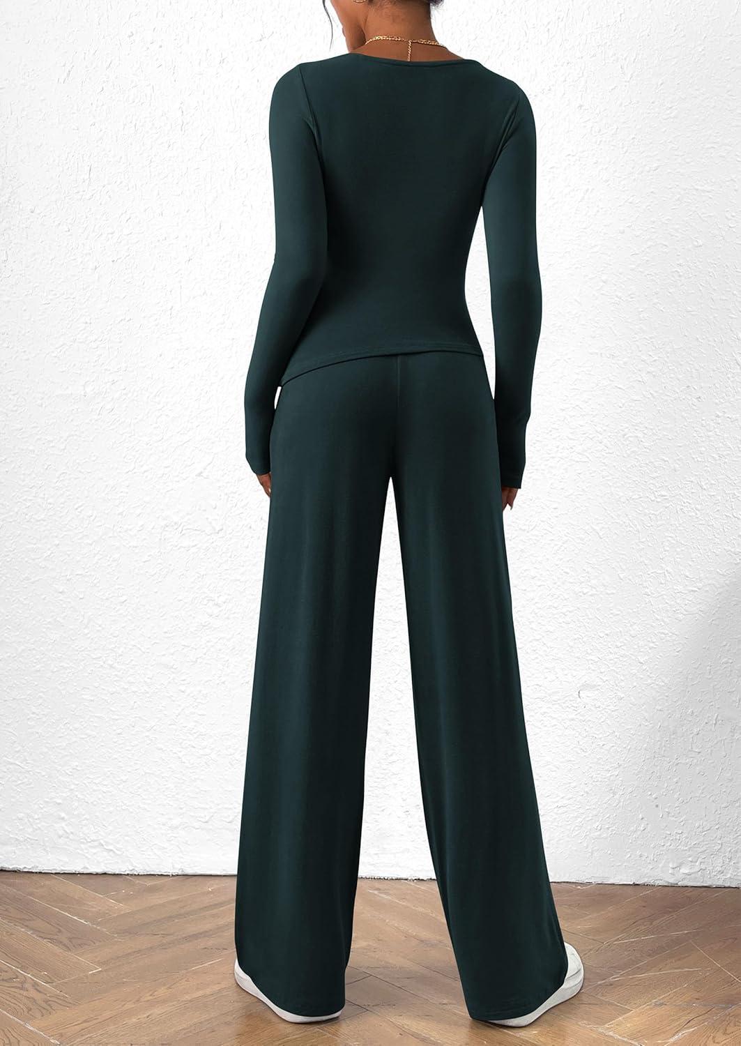 imagePRETTYGARDEN Womens 2 Piece Lounge Sets Asymmetrical Long Sleeve T Shirt Wide Leg Pants Casual Outfits TracksuitDark Blue