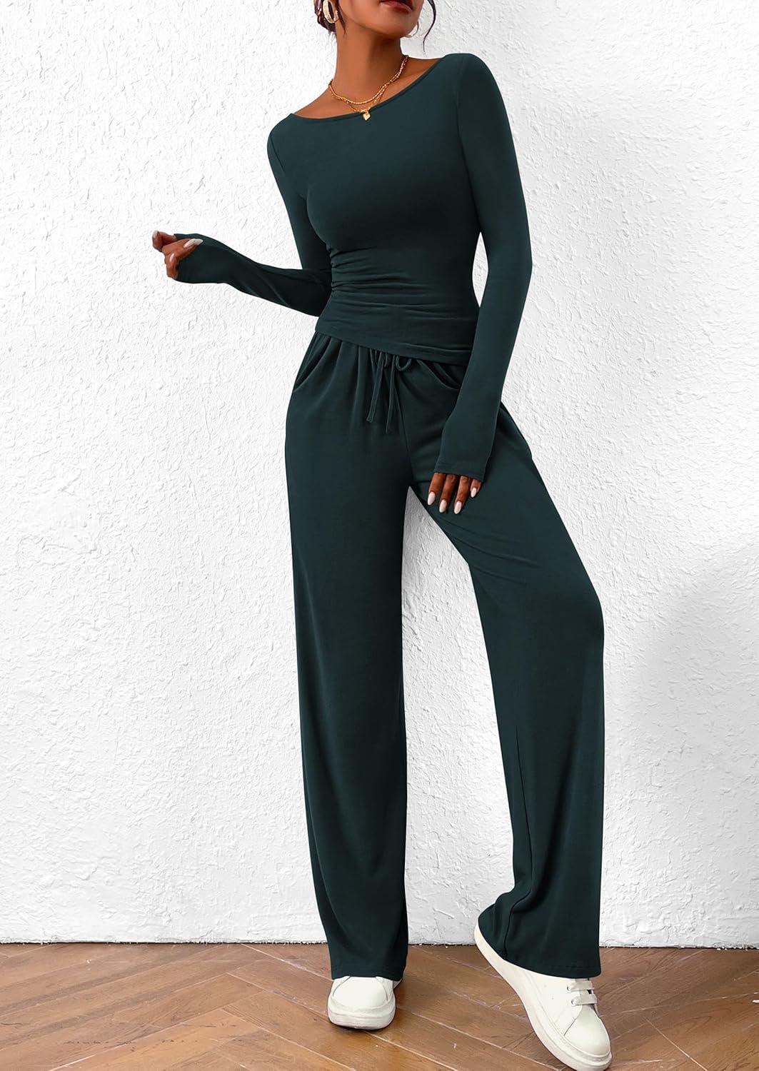 imagePRETTYGARDEN Womens 2 Piece Lounge Sets Asymmetrical Long Sleeve T Shirt Wide Leg Pants Casual Outfits TracksuitDark Blue
