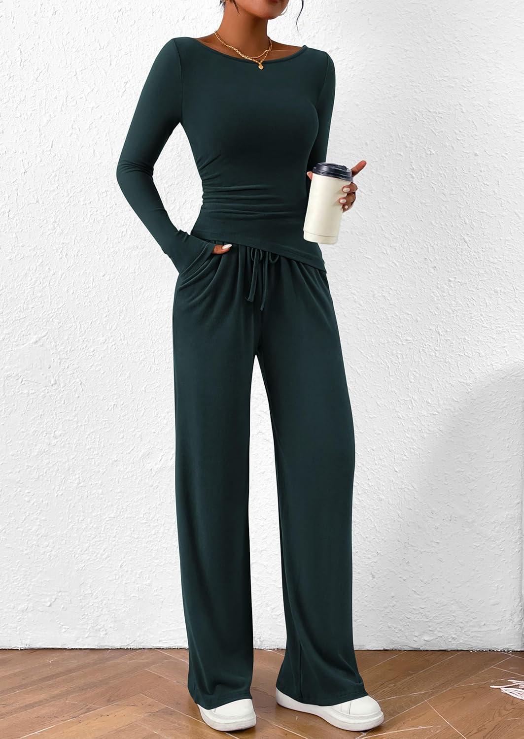 imagePRETTYGARDEN Womens 2 Piece Lounge Sets Asymmetrical Long Sleeve T Shirt Wide Leg Pants Casual Outfits TracksuitDark Blue