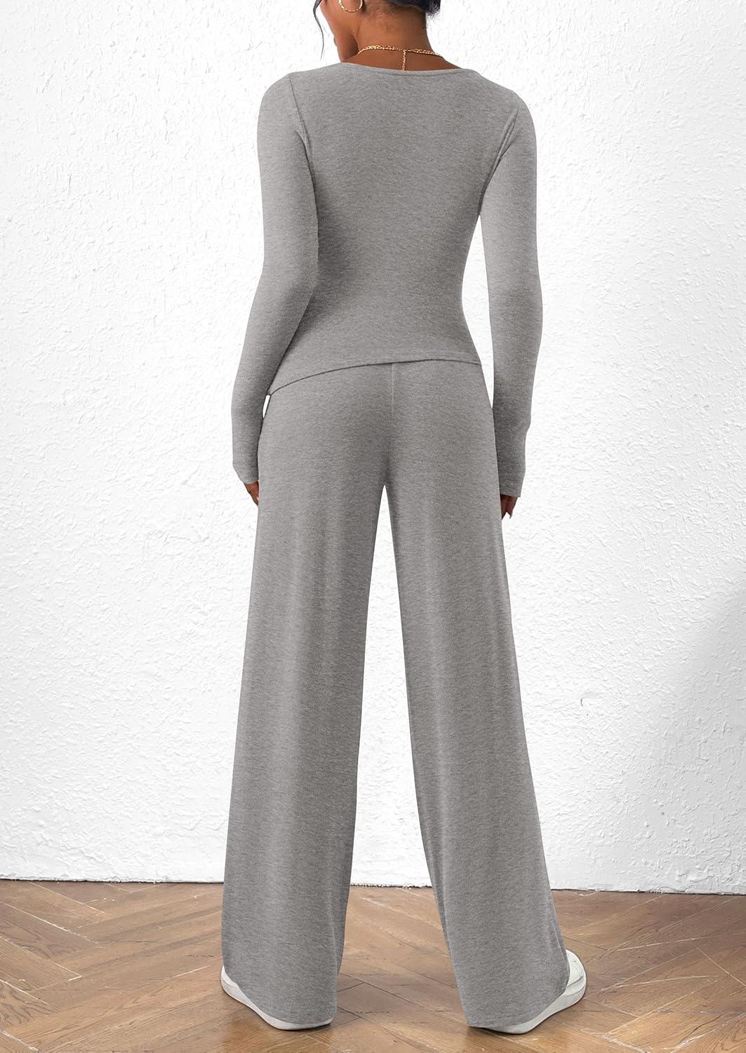 imagePRETTYGARDEN Womens 2 Piece Lounge Sets Asymmetrical Long Sleeve T Shirt Wide Leg Pants Casual Outfits TracksuitGrey