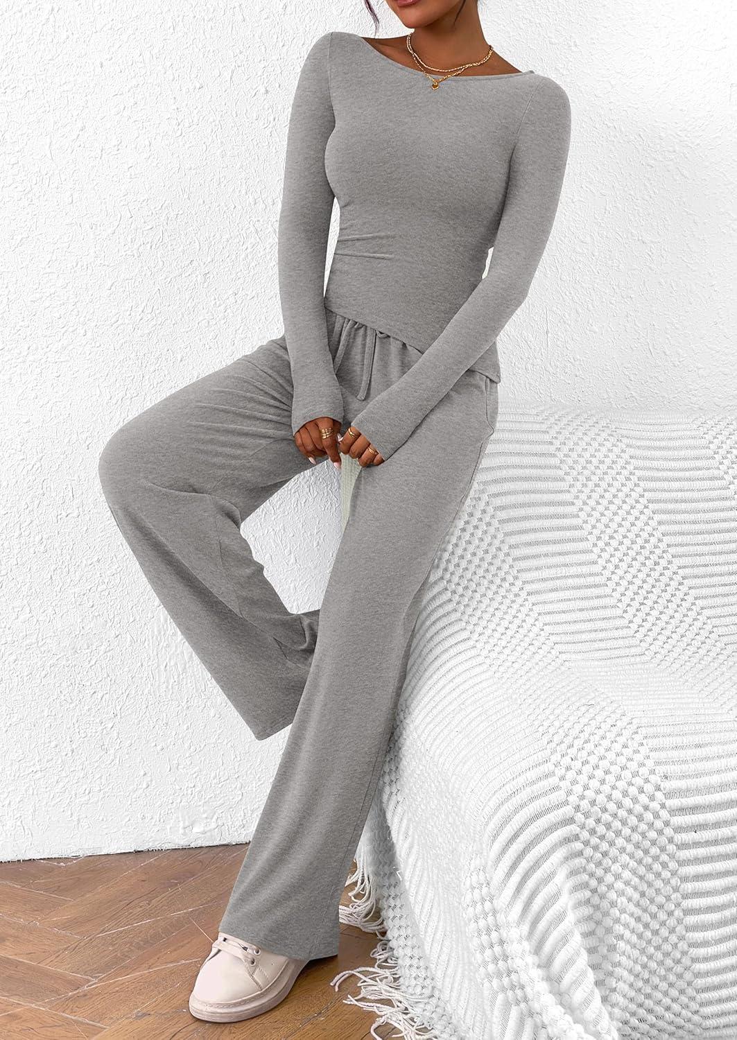 imagePRETTYGARDEN Womens 2 Piece Lounge Sets Asymmetrical Long Sleeve T Shirt Wide Leg Pants Casual Outfits TracksuitGrey