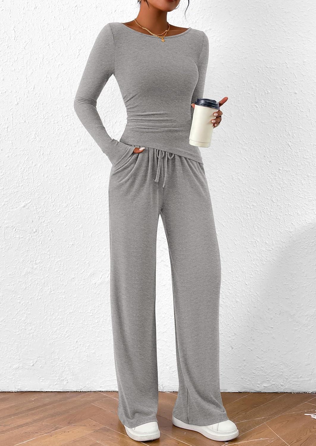 imagePRETTYGARDEN Womens 2 Piece Lounge Sets Asymmetrical Long Sleeve T Shirt Wide Leg Pants Casual Outfits TracksuitGrey