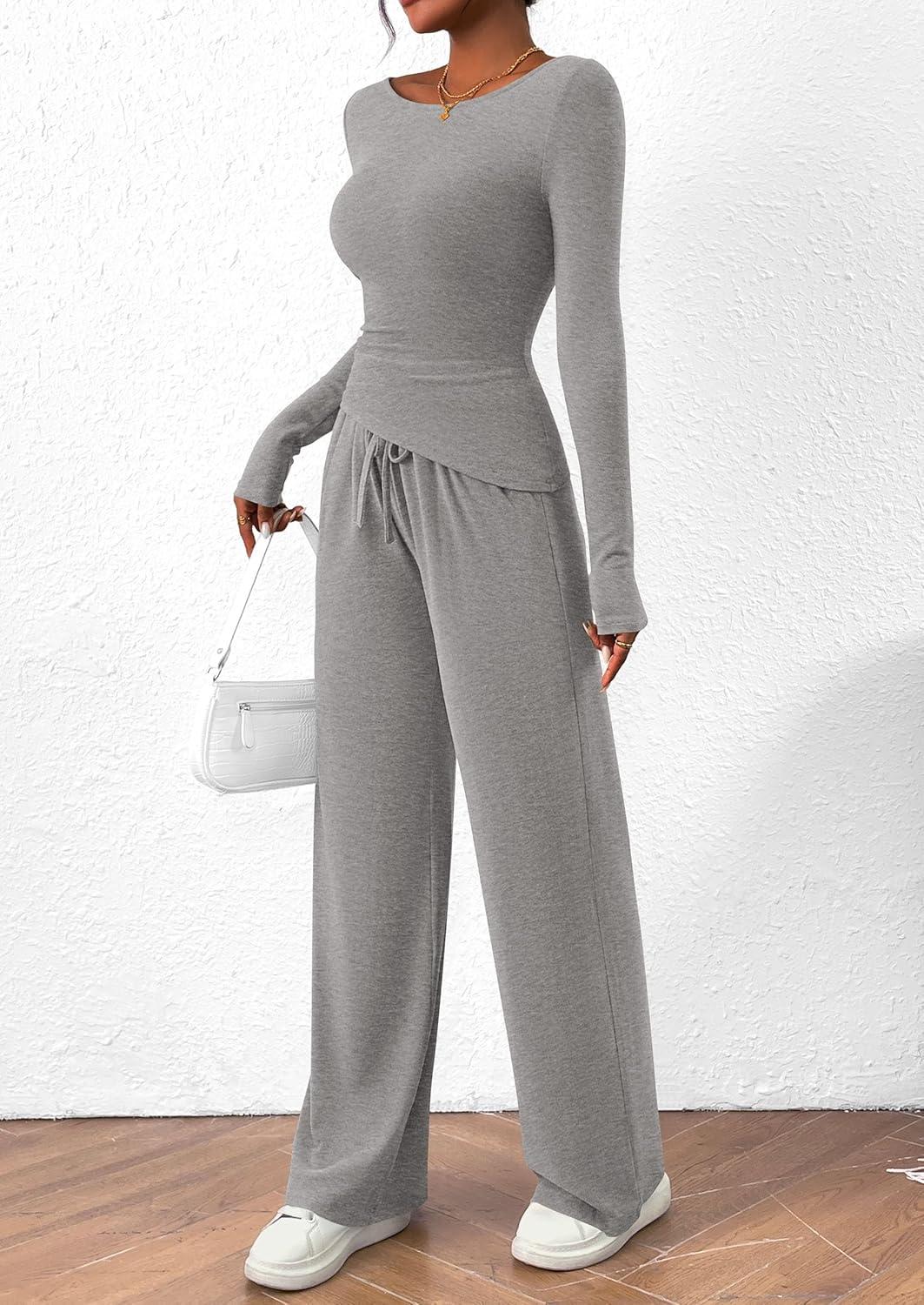 imagePRETTYGARDEN Womens 2 Piece Lounge Sets Asymmetrical Long Sleeve T Shirt Wide Leg Pants Casual Outfits TracksuitGrey