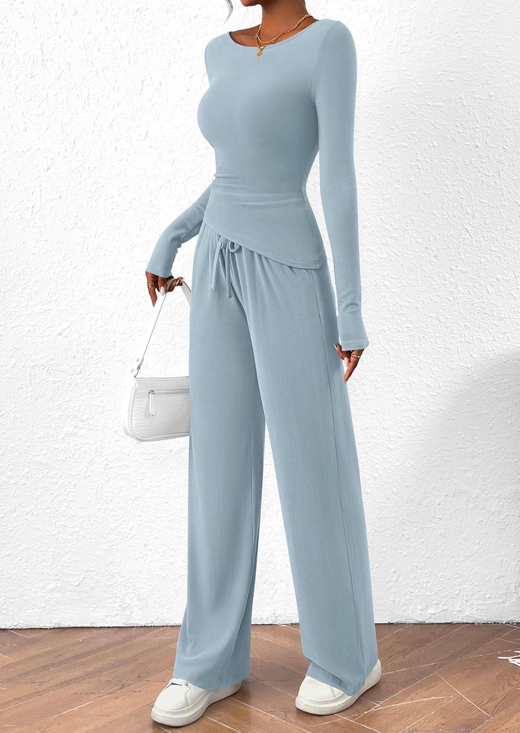 imagePRETTYGARDEN Womens 2 Piece Lounge Sets Asymmetrical Long Sleeve T Shirt Wide Leg Pants Casual Outfits TracksuitLight Blue