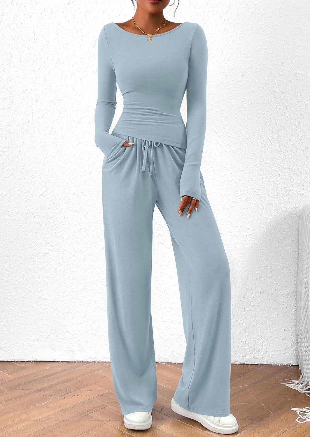 imagePRETTYGARDEN Womens 2 Piece Lounge Sets Asymmetrical Long Sleeve T Shirt Wide Leg Pants Casual Outfits TracksuitLight Blue