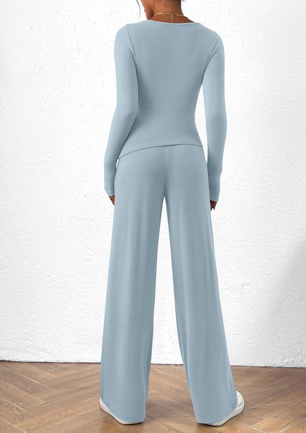 imagePRETTYGARDEN Womens 2 Piece Lounge Sets Asymmetrical Long Sleeve T Shirt Wide Leg Pants Casual Outfits TracksuitLight Blue