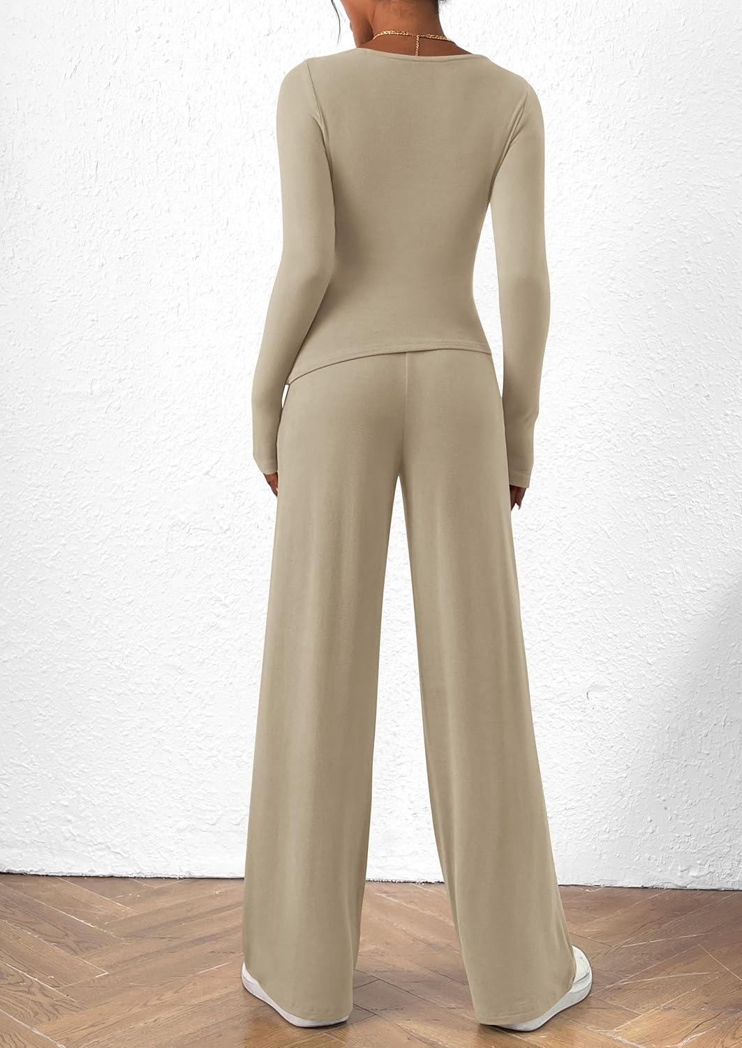 imagePRETTYGARDEN Womens 2 Piece Lounge Sets Asymmetrical Long Sleeve T Shirt Wide Leg Pants Casual Outfits TracksuitLight Khaki