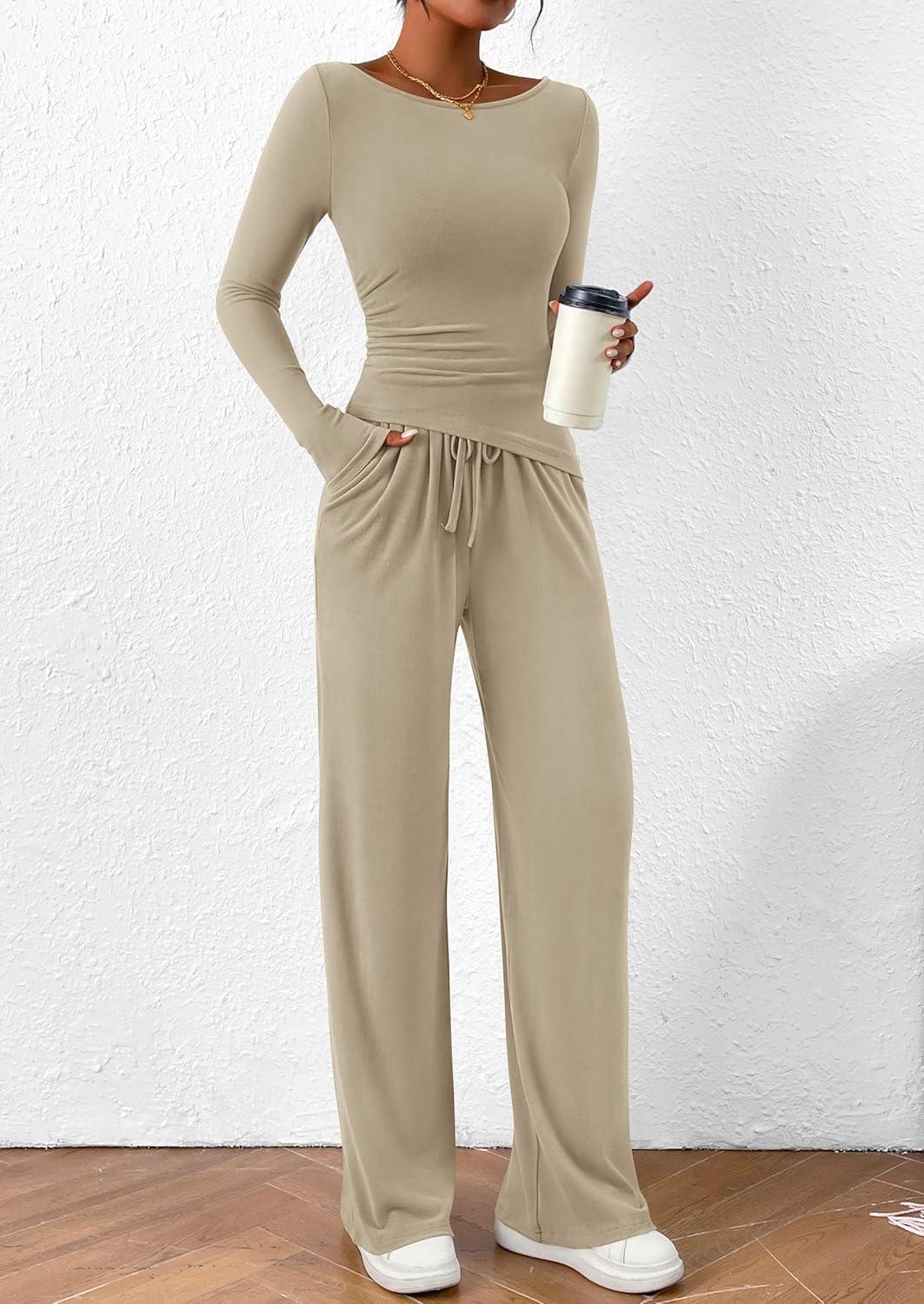 imagePRETTYGARDEN Womens 2 Piece Lounge Sets Asymmetrical Long Sleeve T Shirt Wide Leg Pants Casual Outfits TracksuitLight Khaki