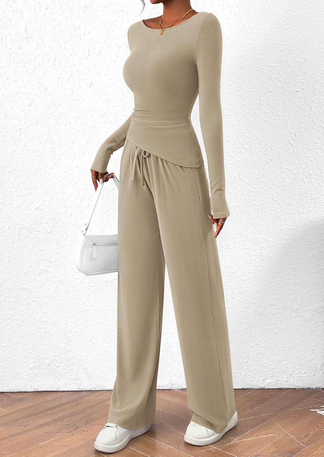 imagePRETTYGARDEN Womens 2 Piece Lounge Sets Asymmetrical Long Sleeve T Shirt Wide Leg Pants Casual Outfits TracksuitLight Khaki