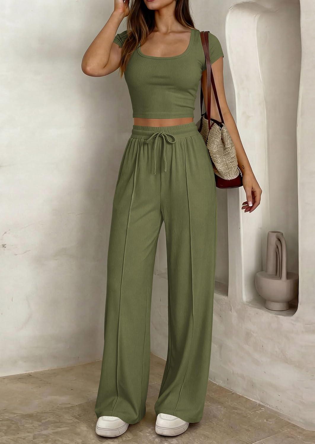 imagePRETTYGARDEN Womens 2 Piece Matching Lounge Sets Ribbed Short Sleeve Crop Tops Wide Leg Pants 2026 Summer Airport OutfitsArmy Green