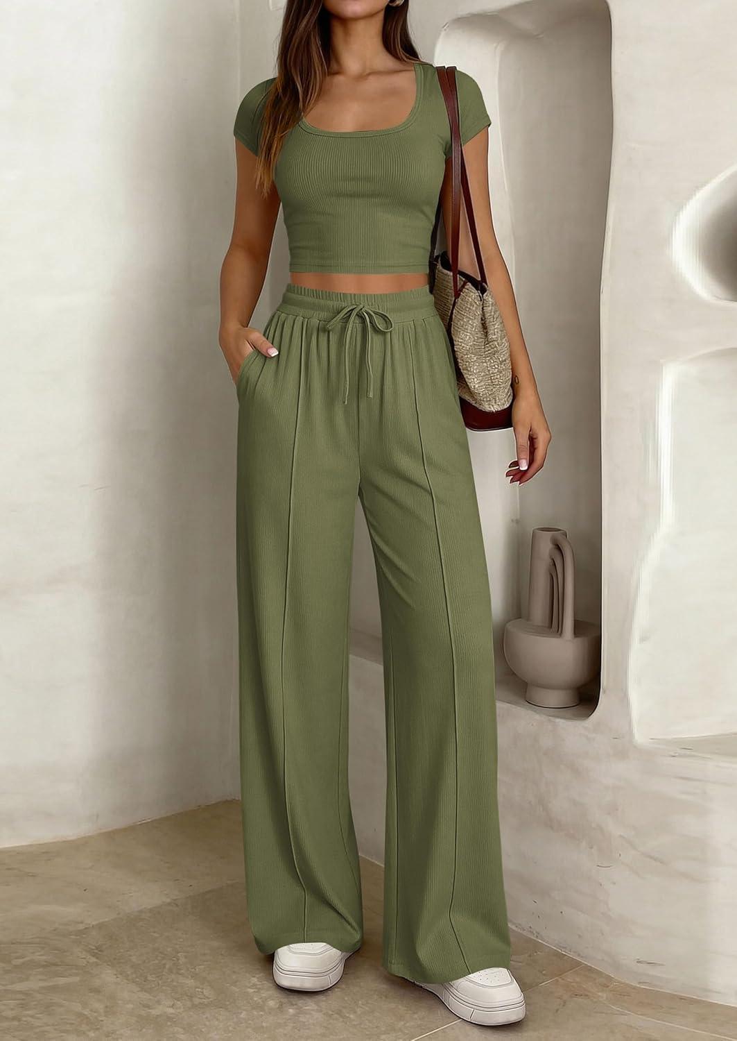 imagePRETTYGARDEN Womens 2 Piece Matching Lounge Sets Ribbed Short Sleeve Crop Tops Wide Leg Pants 2026 Summer Airport OutfitsArmy Green