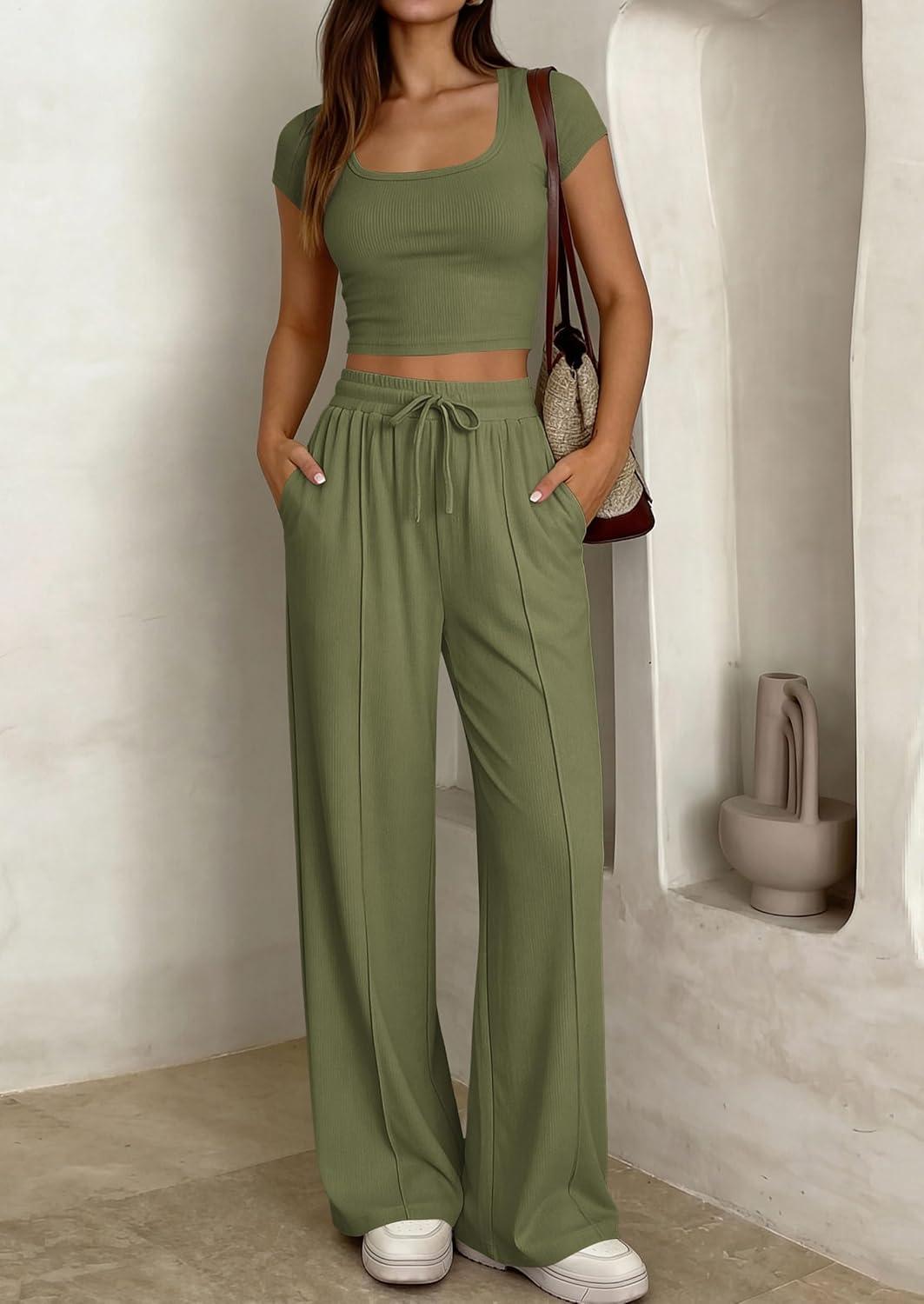 imagePRETTYGARDEN Womens 2 Piece Matching Lounge Sets Ribbed Short Sleeve Crop Tops Wide Leg Pants 2026 Summer Airport OutfitsArmy Green