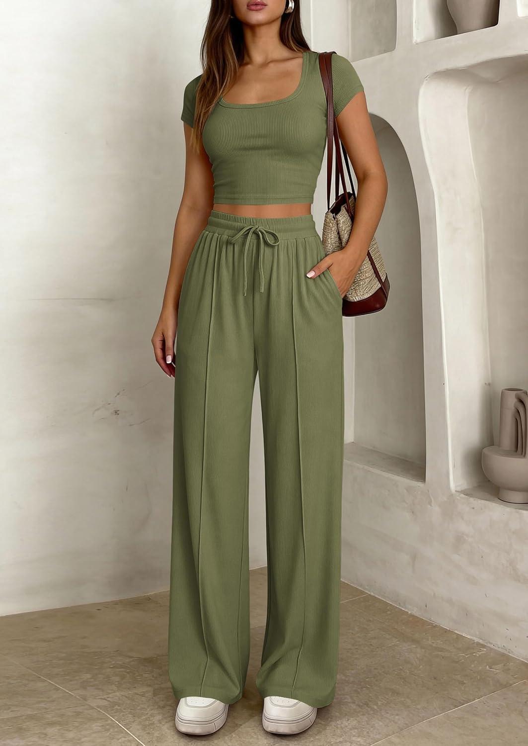 imagePRETTYGARDEN Womens 2 Piece Matching Lounge Sets Ribbed Short Sleeve Crop Tops Wide Leg Pants 2026 Summer Airport OutfitsArmy Green