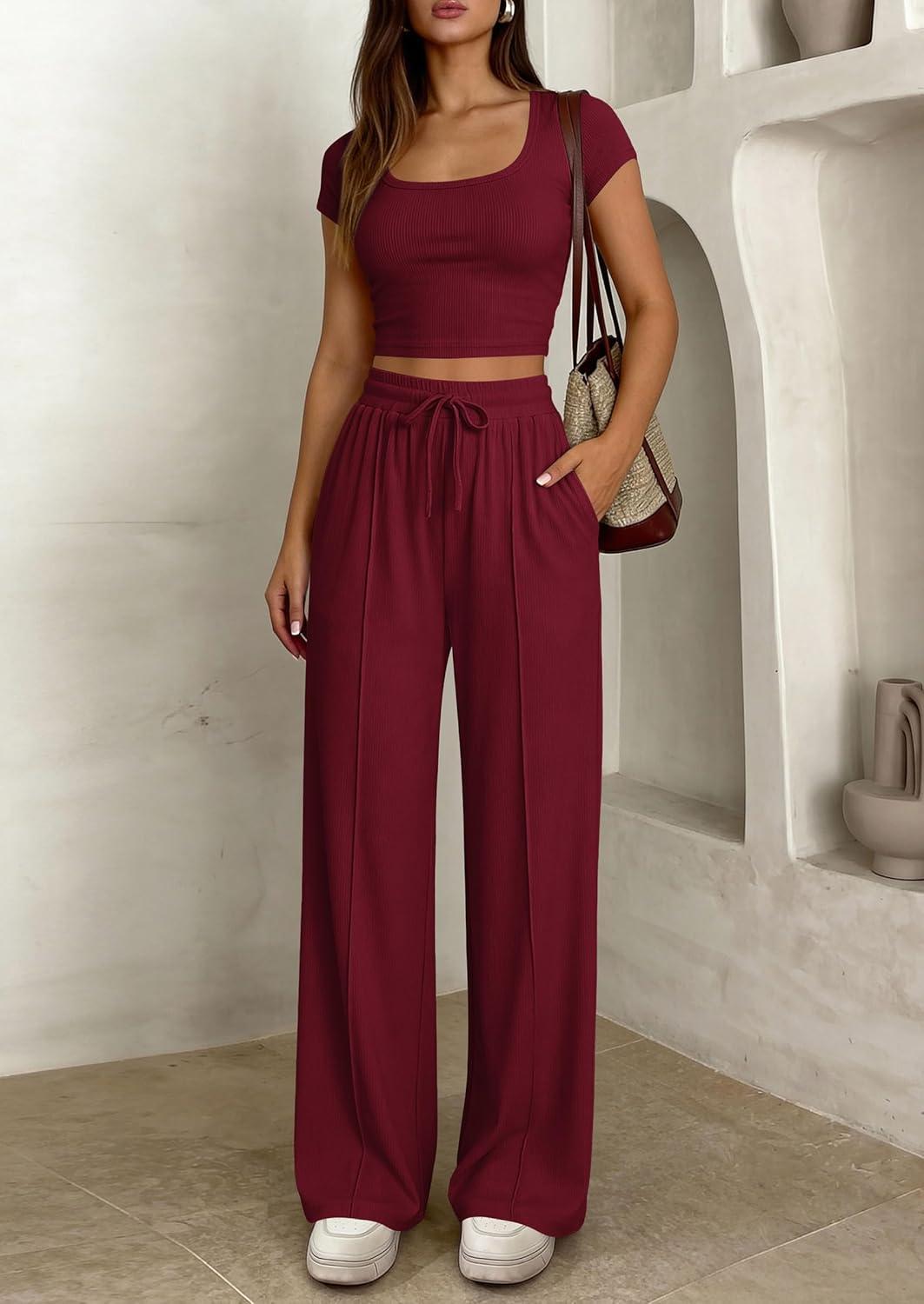 imagePRETTYGARDEN Womens 2 Piece Matching Lounge Sets Ribbed Short Sleeve Crop Tops Wide Leg Pants 2026 Summer Airport OutfitsBurgundy
