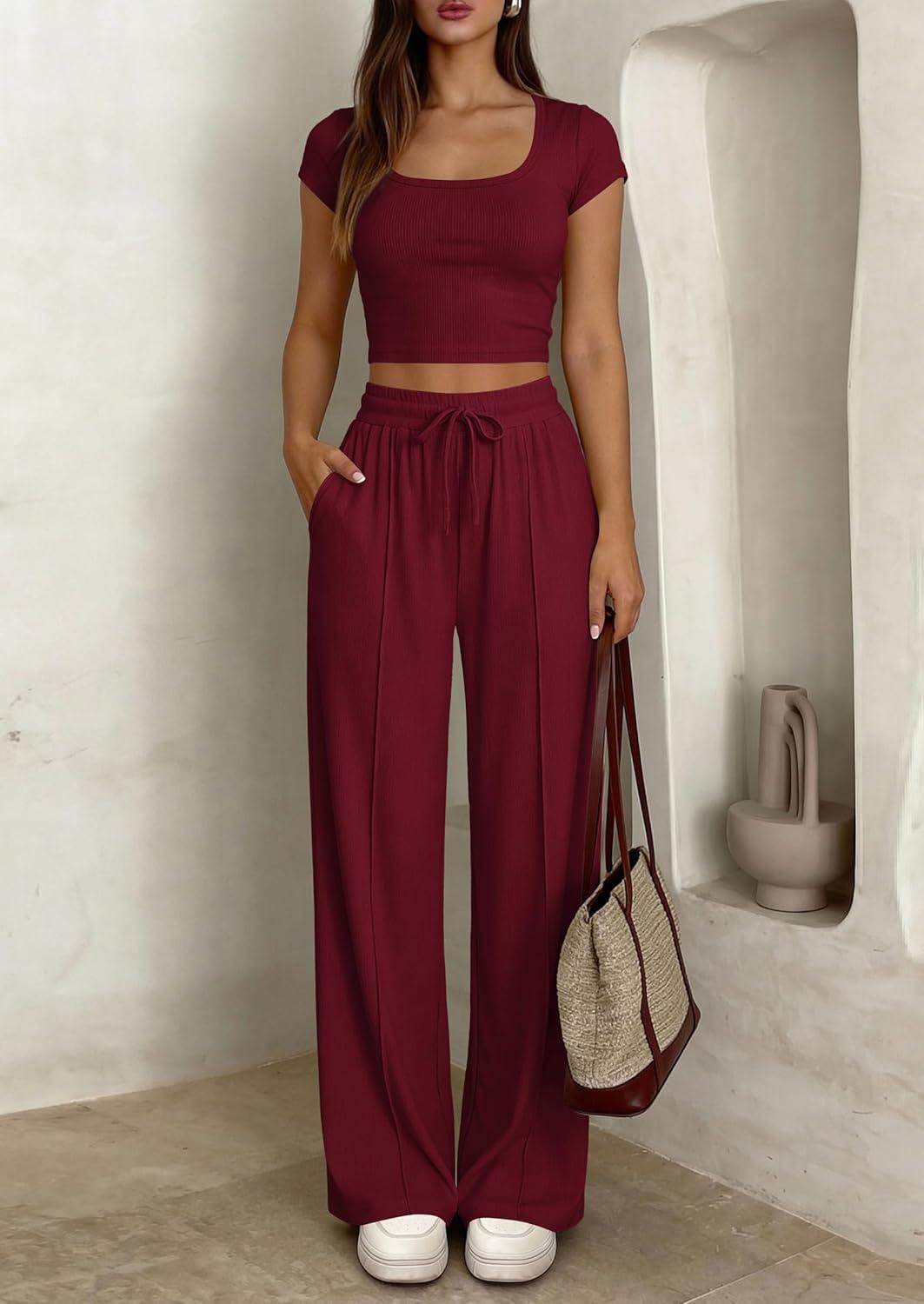 imagePRETTYGARDEN Womens 2 Piece Matching Lounge Sets Ribbed Short Sleeve Crop Tops Wide Leg Pants 2026 Summer Airport OutfitsBurgundy