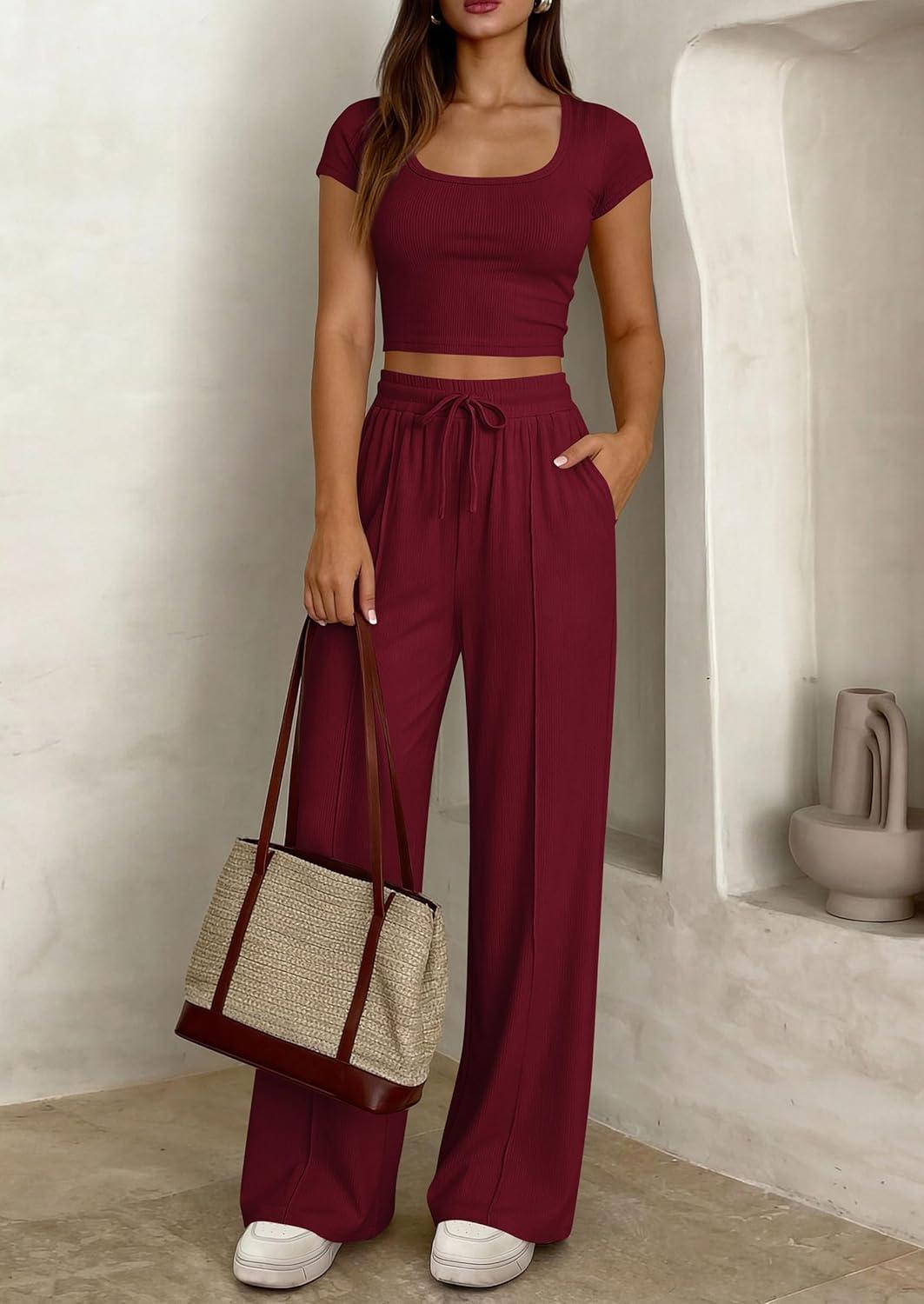 imagePRETTYGARDEN Womens 2 Piece Matching Lounge Sets Ribbed Short Sleeve Crop Tops Wide Leg Pants 2026 Summer Airport OutfitsBurgundy