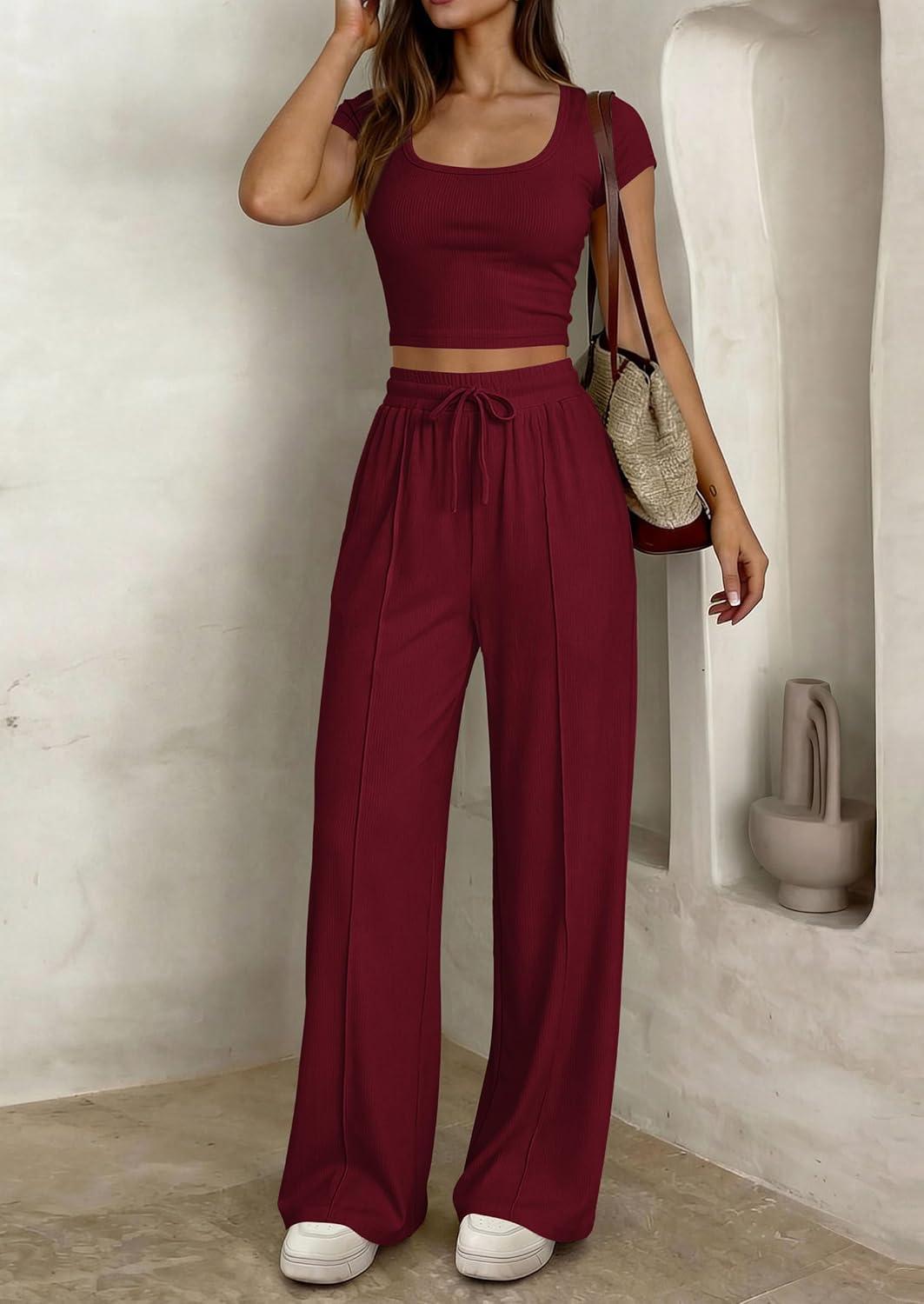 imagePRETTYGARDEN Womens 2 Piece Matching Lounge Sets Ribbed Short Sleeve Crop Tops Wide Leg Pants 2026 Summer Airport OutfitsBurgundy