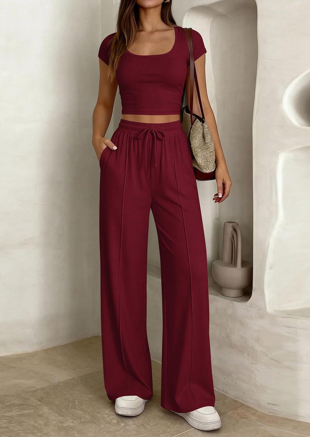 imagePRETTYGARDEN Womens 2 Piece Matching Lounge Sets Ribbed Short Sleeve Crop Tops Wide Leg Pants 2026 Summer Airport OutfitsBurgundy