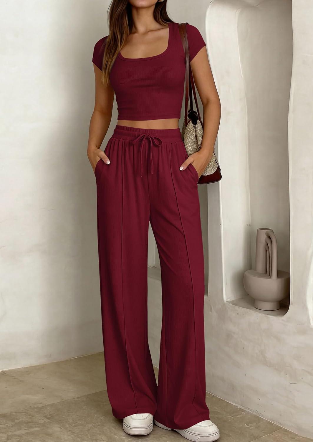 imagePRETTYGARDEN Womens 2 Piece Matching Lounge Sets Ribbed Short Sleeve Crop Tops Wide Leg Pants 2026 Summer Airport OutfitsBurgundy