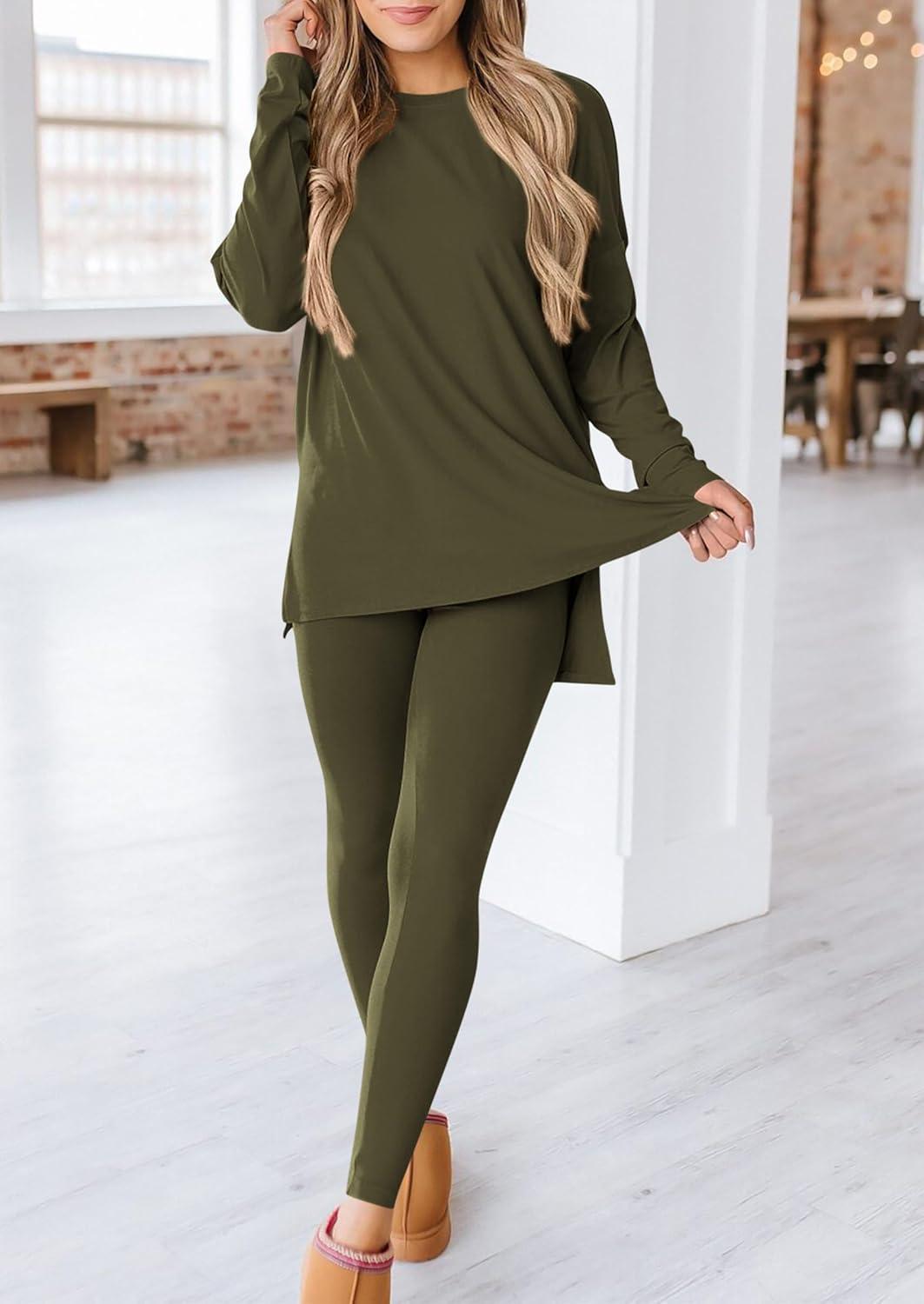 imagePRETTYGARDEN Womens 2 Piece Outfits 2026 Spring Long Sleeve Tunic Tops Legging Pants Fall Matching Lounge Sets SweatsuitsArmy Green