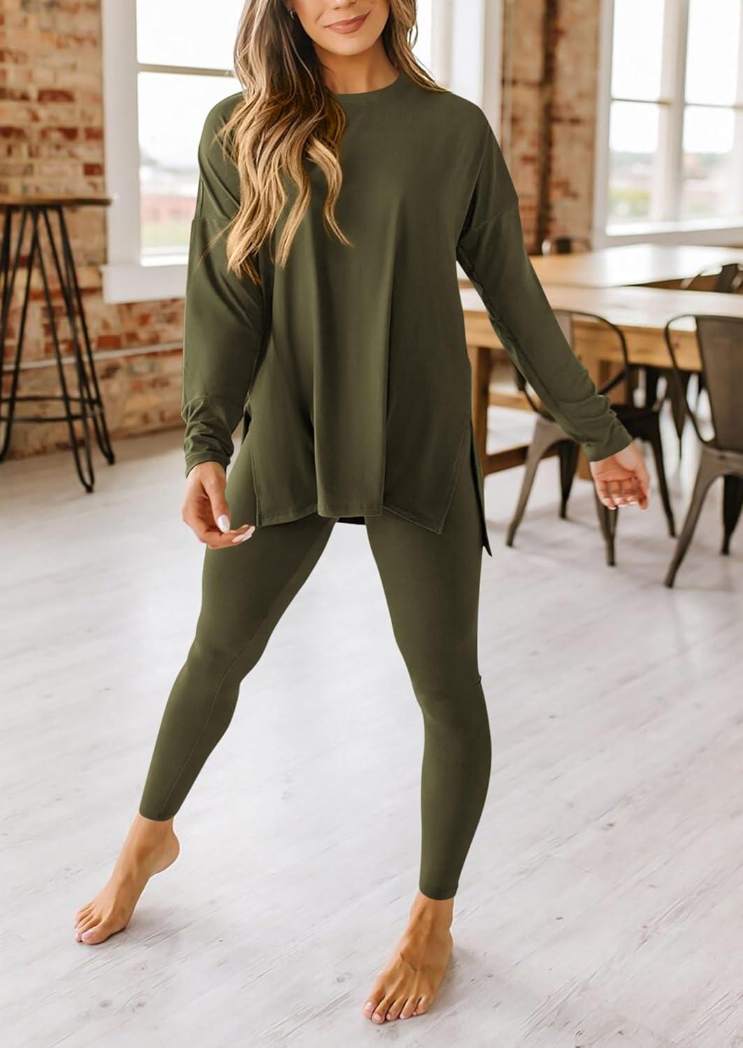 imagePRETTYGARDEN Womens 2 Piece Outfits 2026 Spring Long Sleeve Tunic Tops Legging Pants Fall Matching Lounge Sets SweatsuitsArmy Green