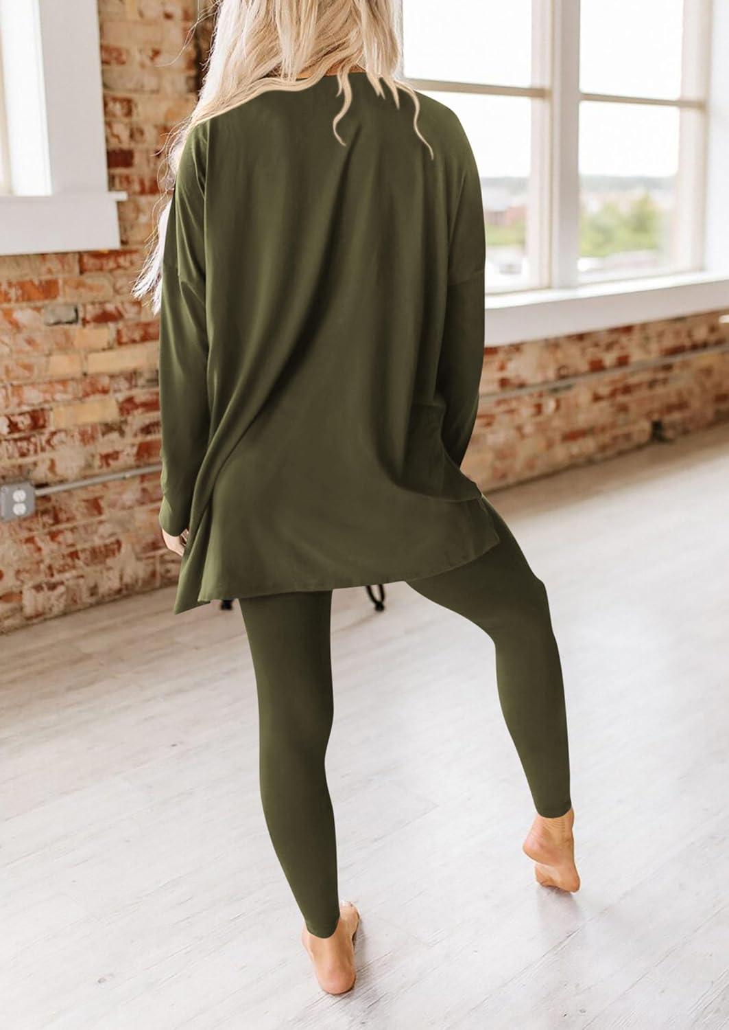 imagePRETTYGARDEN Womens 2 Piece Outfits 2026 Spring Long Sleeve Tunic Tops Legging Pants Fall Matching Lounge Sets SweatsuitsArmy Green